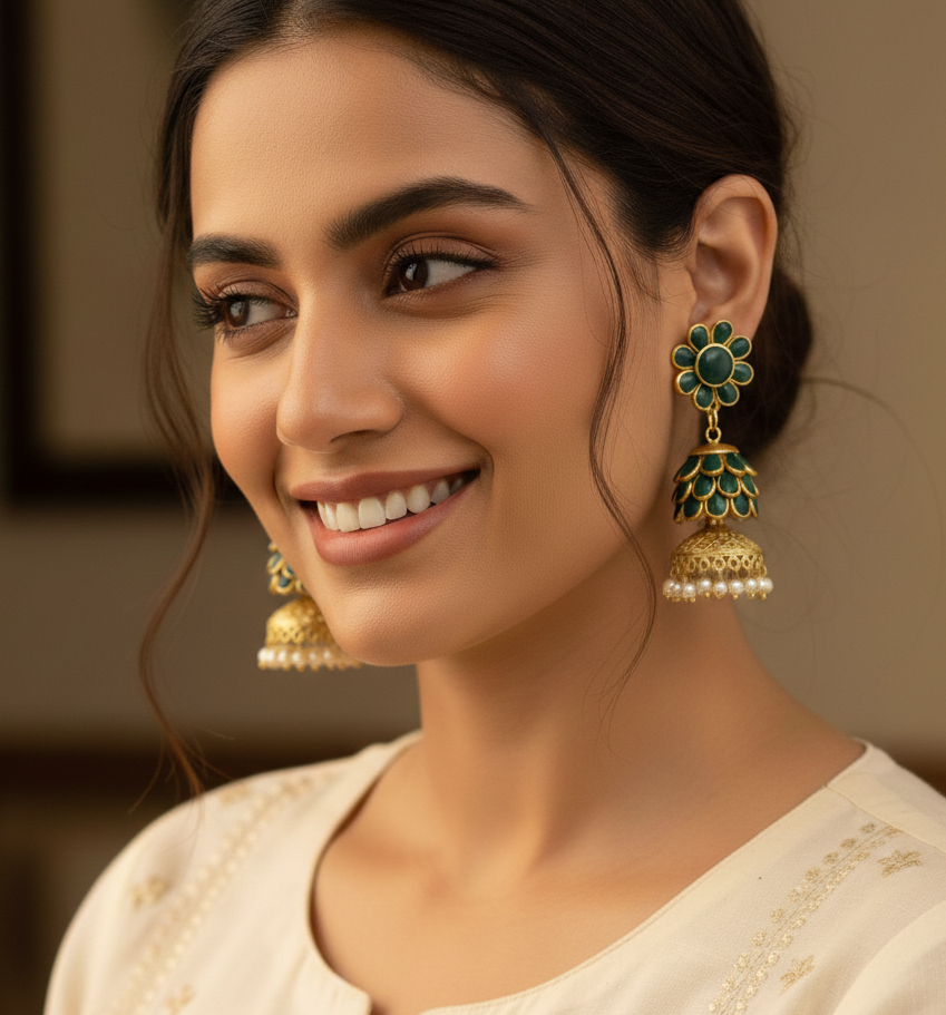 Green Floral Golden Jhumka Earrings