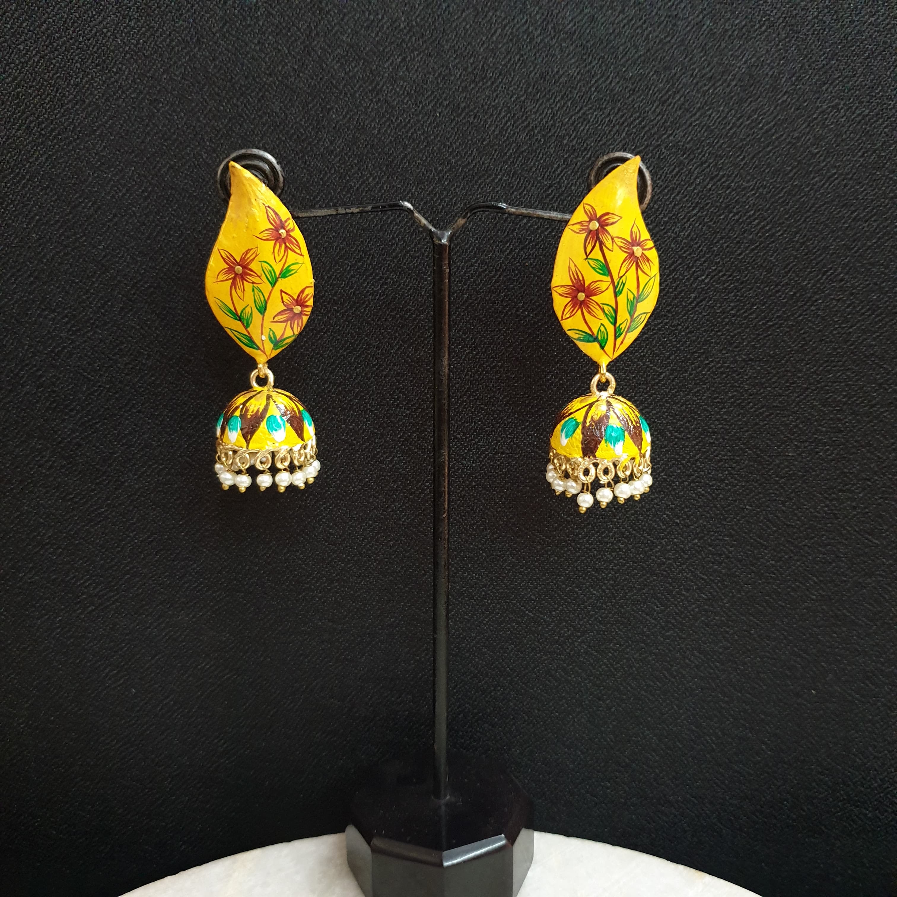 Yellow Floral Handpainted Jhumki Earrings