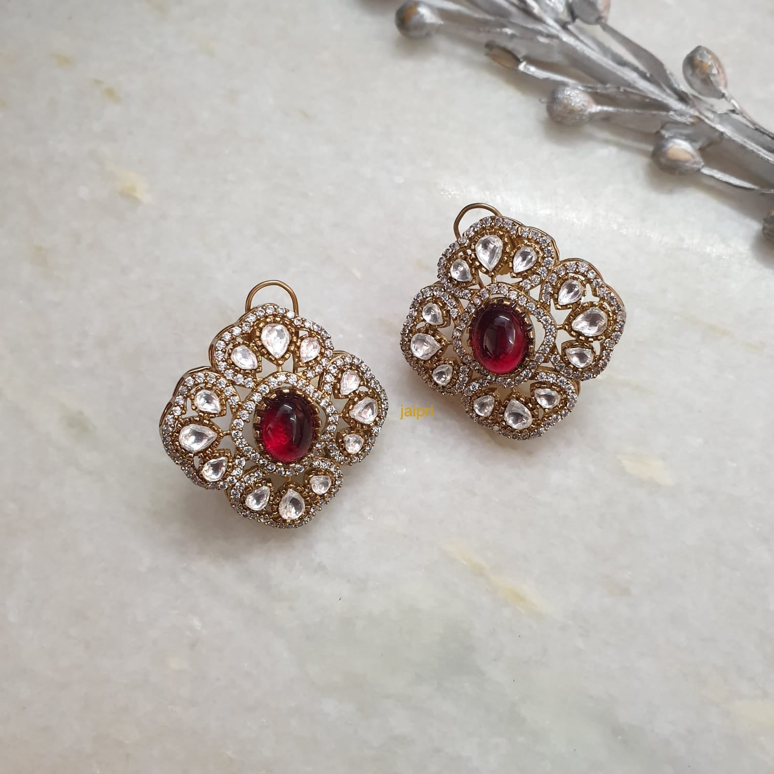 Ruby Red Stone Moissanite Kundan Polki Studs Earrings