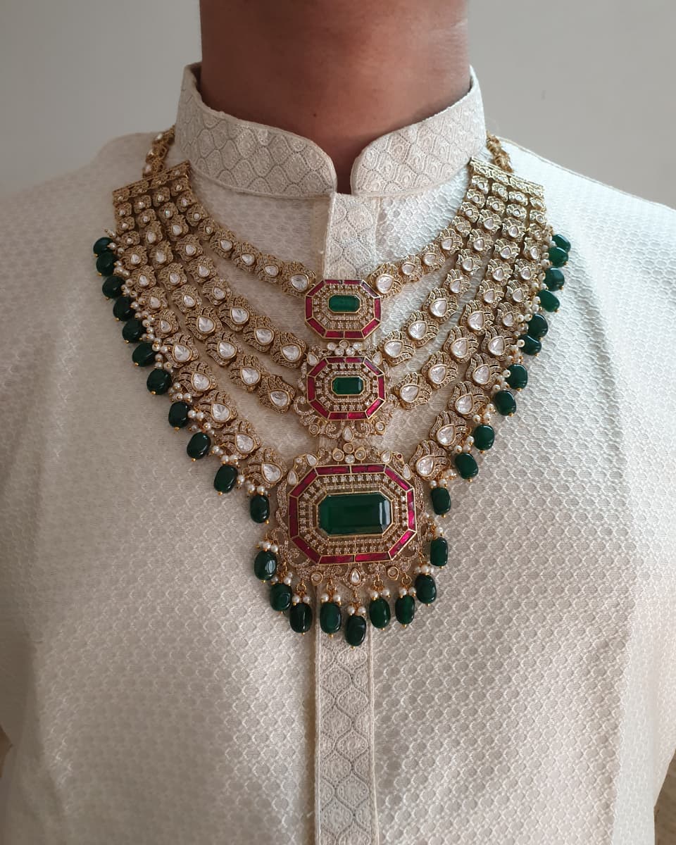 Royal Emerald Green Color and Polki Maharaja Groom Necklace