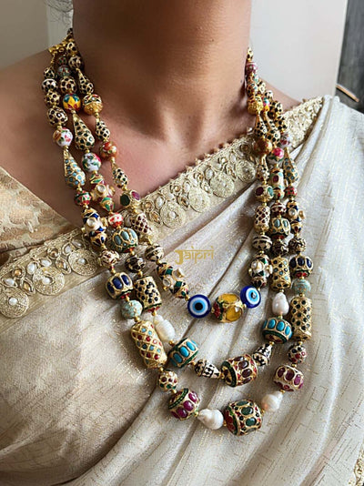 Multilayered Jadau Beads Necklace With Earrings