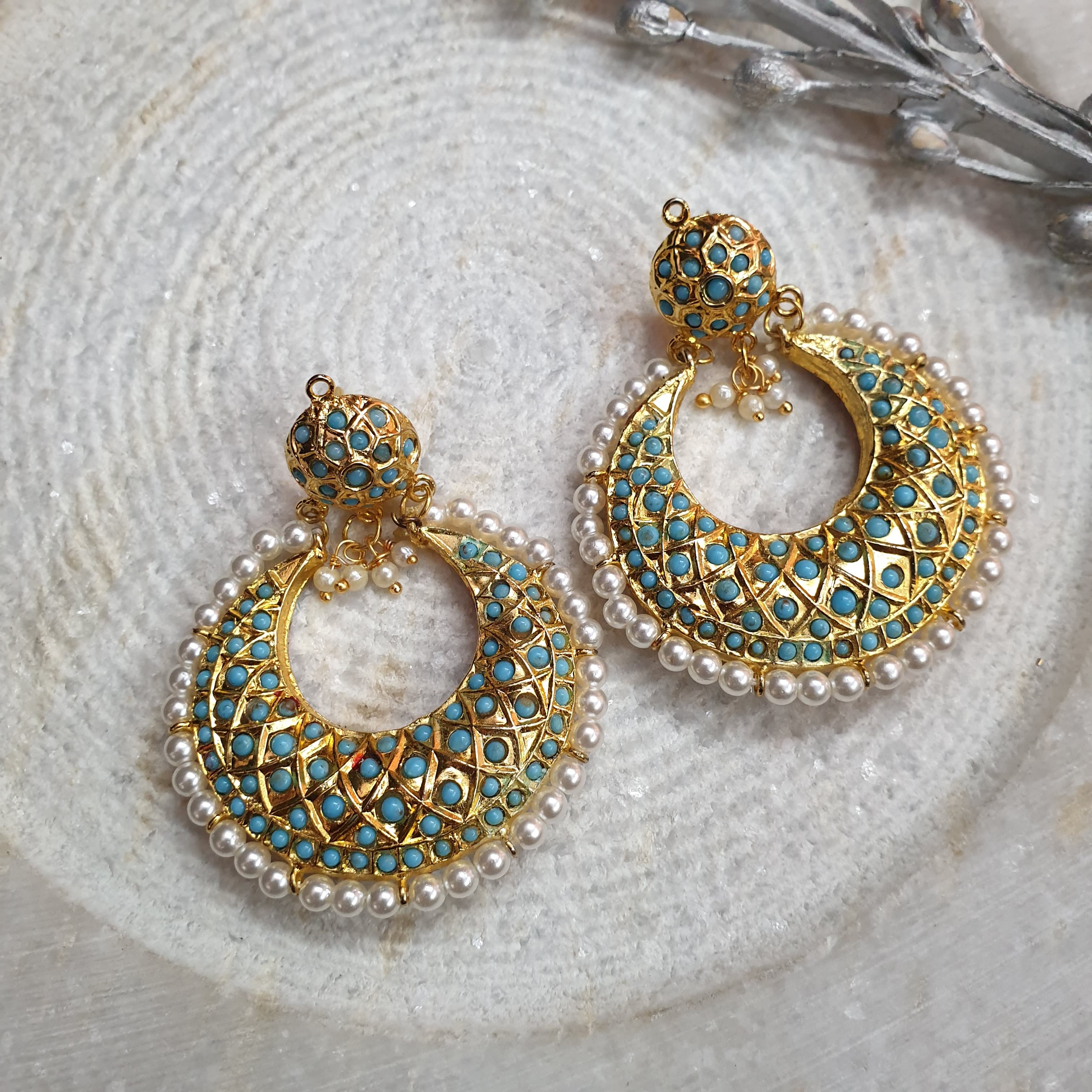 Turquoise Stone Jadau Chandbali Earrings