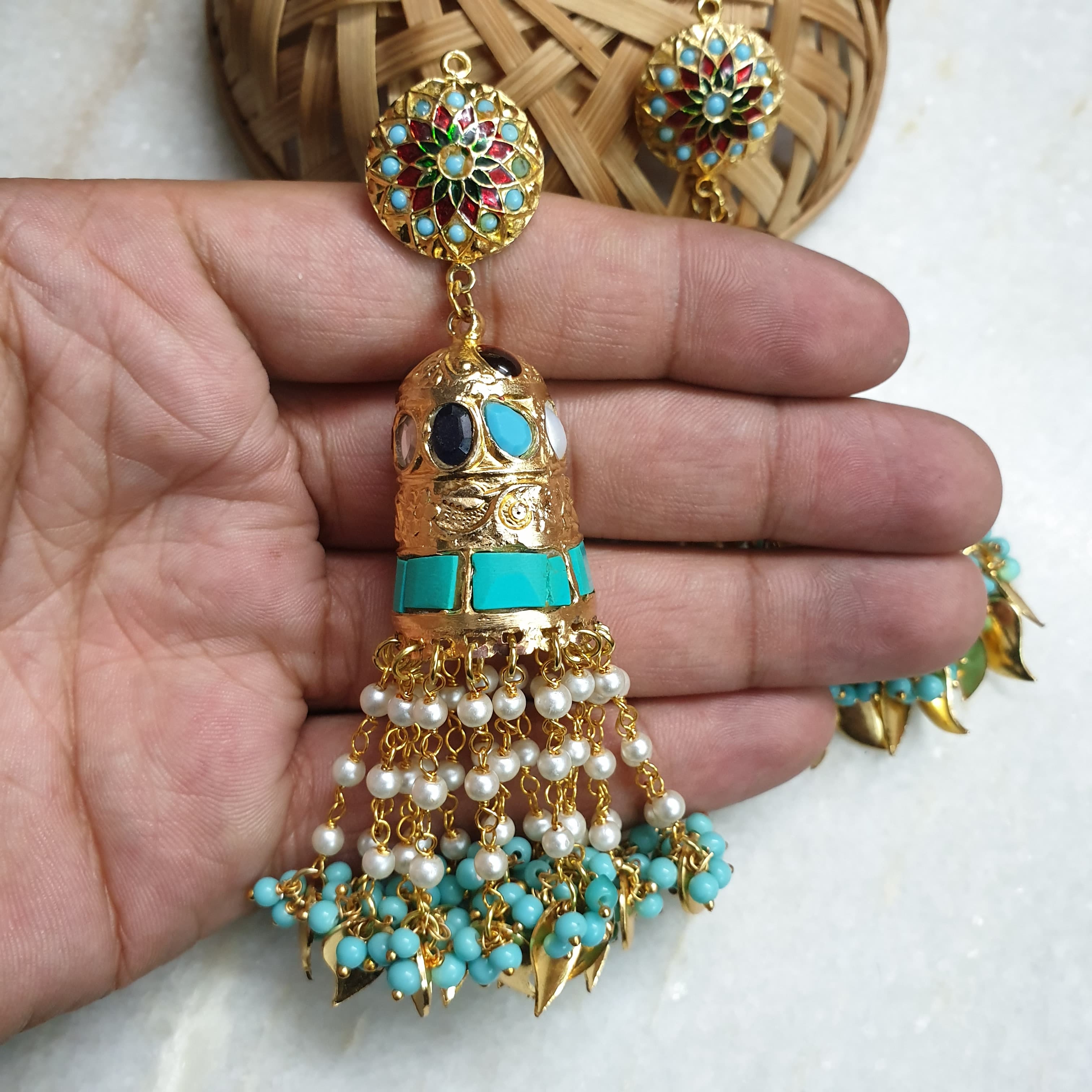 Turquoise Stone Jadau Jhumki Long Earrings