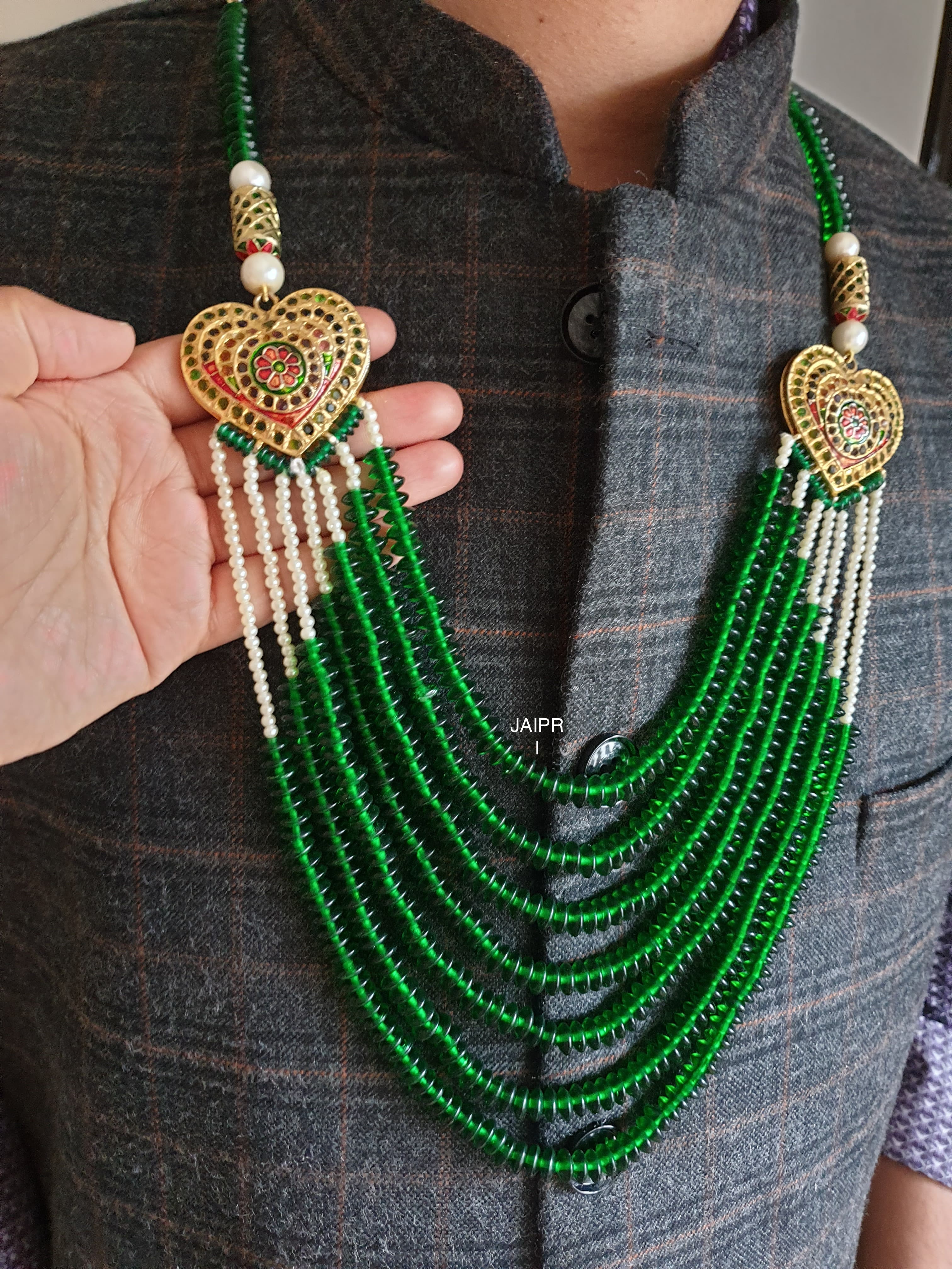 Five Layered Green Stone Jadau Groom Necklace