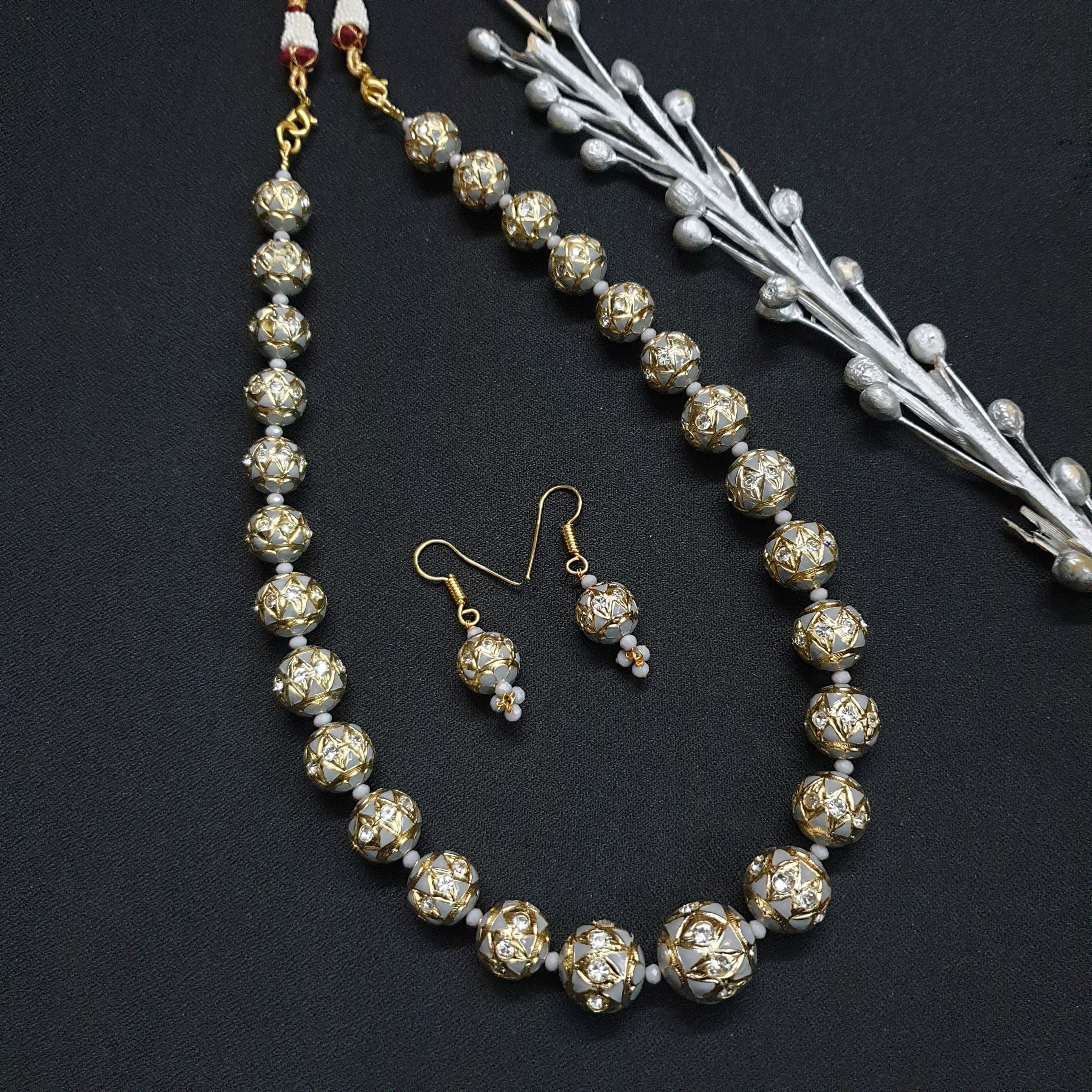 Grey Meenakari Beaded Necklace With Earrings