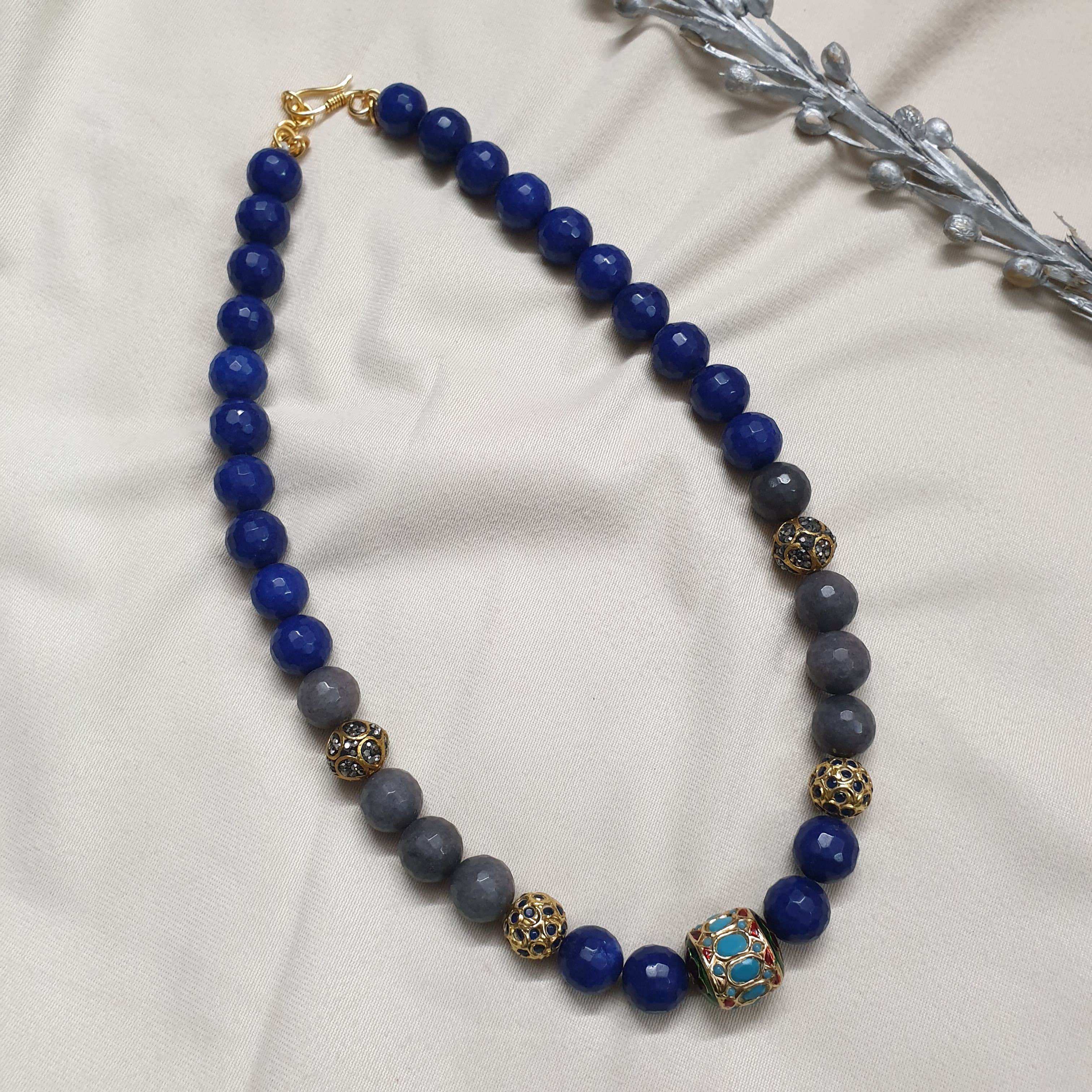 Blue and Grey Beads Stone Jadau Necklace
