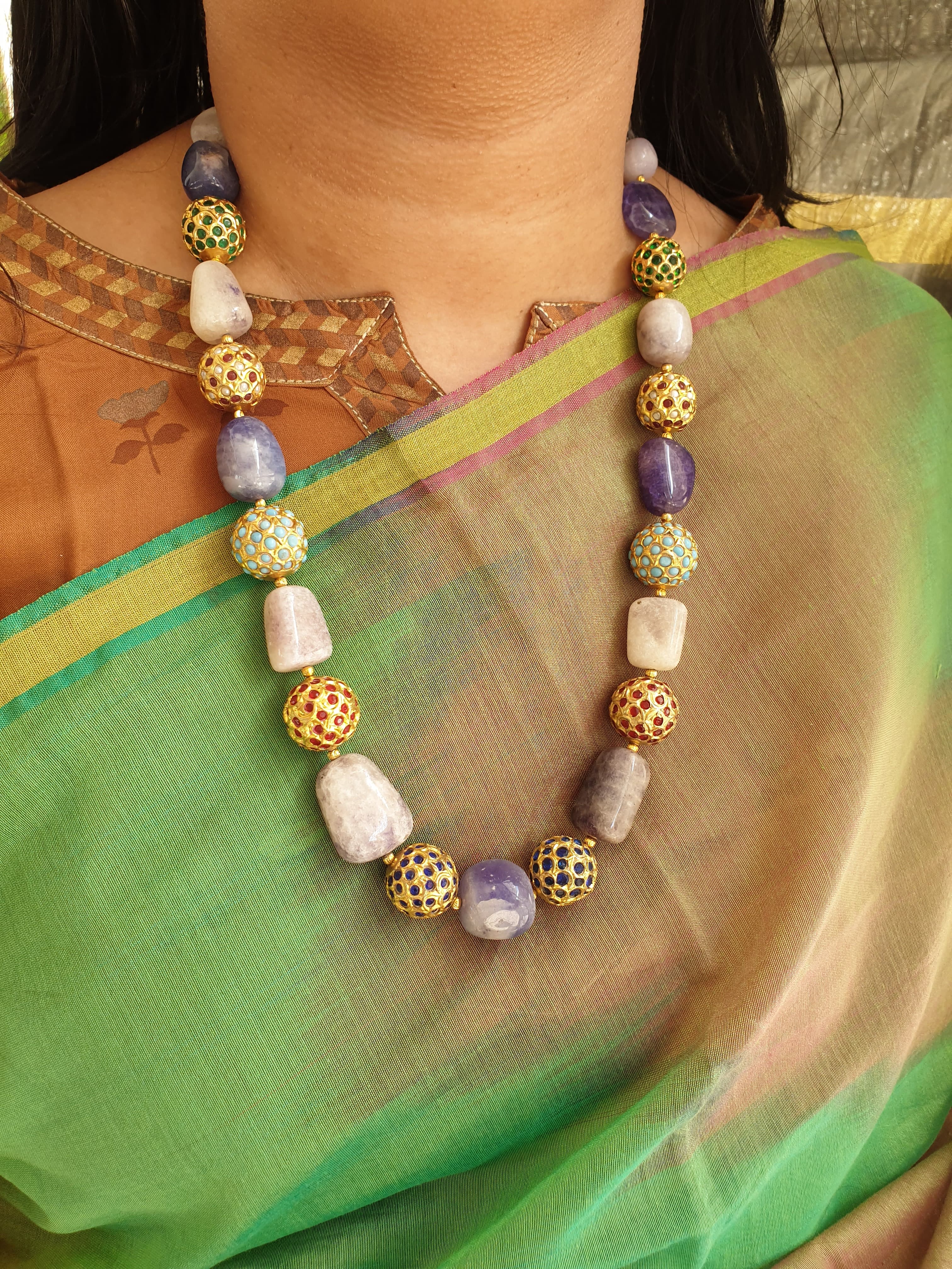 Blue Stone Jadau Bead Necklace With Earrings