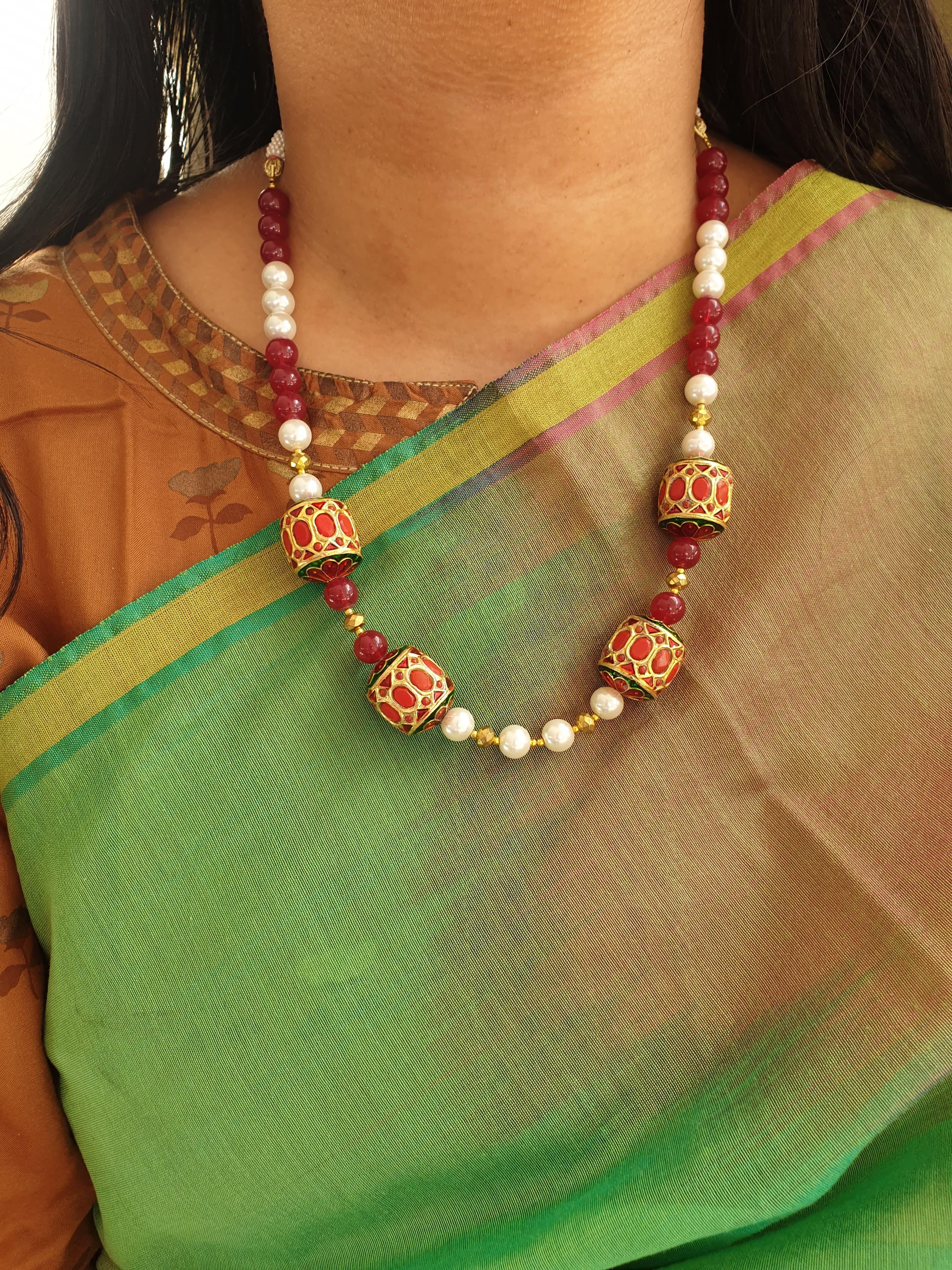 Coral and Pearl Beads Necklace With Earrings