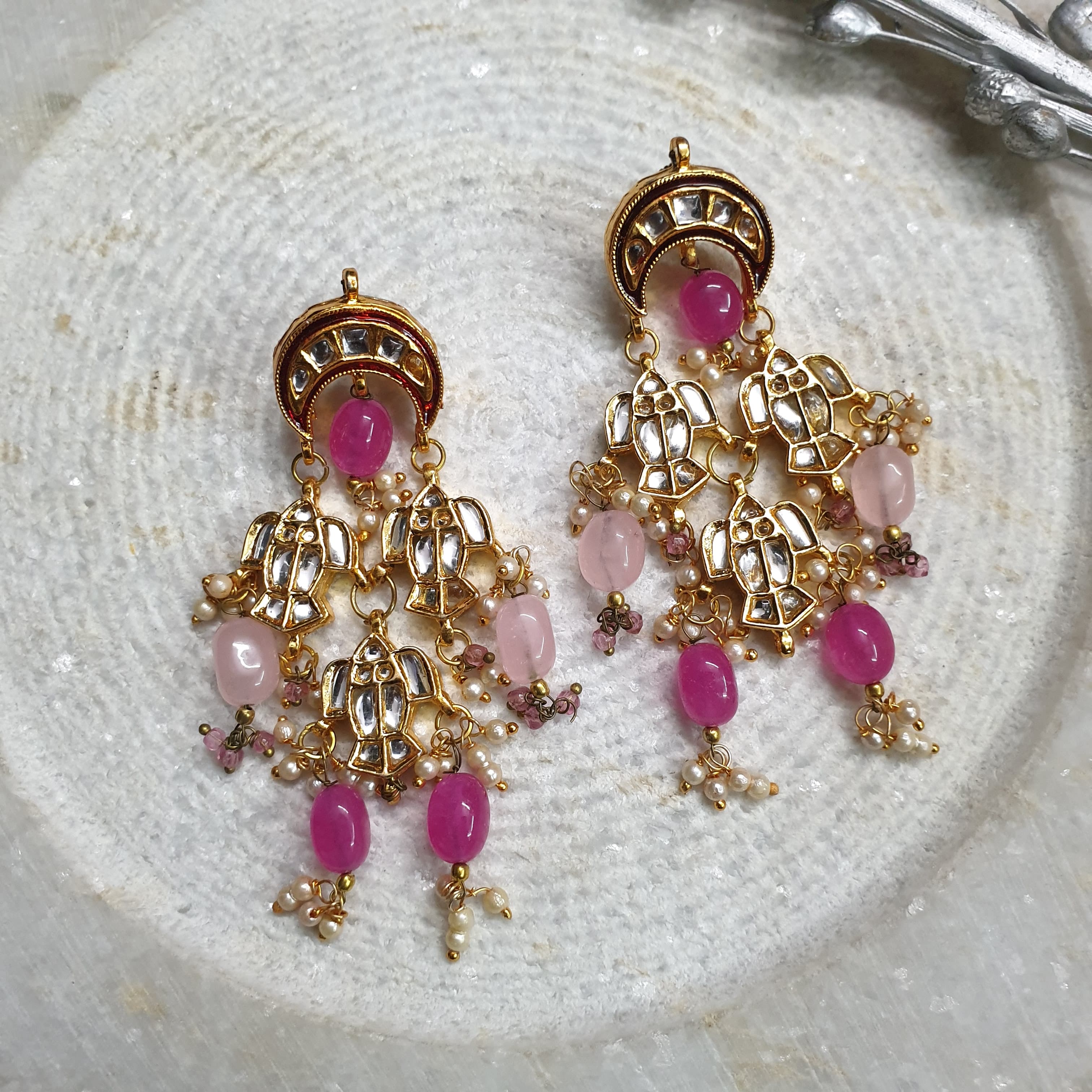 Kundan Hot Pink Beading Earrings