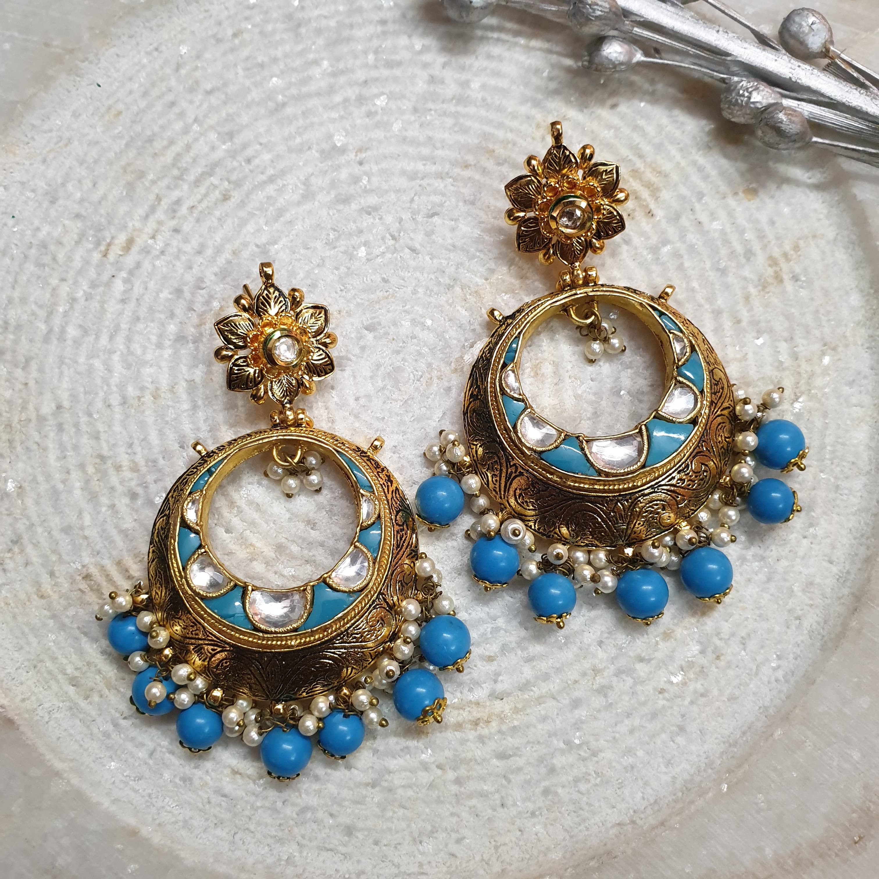 Gold Tone Turquoise Meenakari Chandbali Earrings
