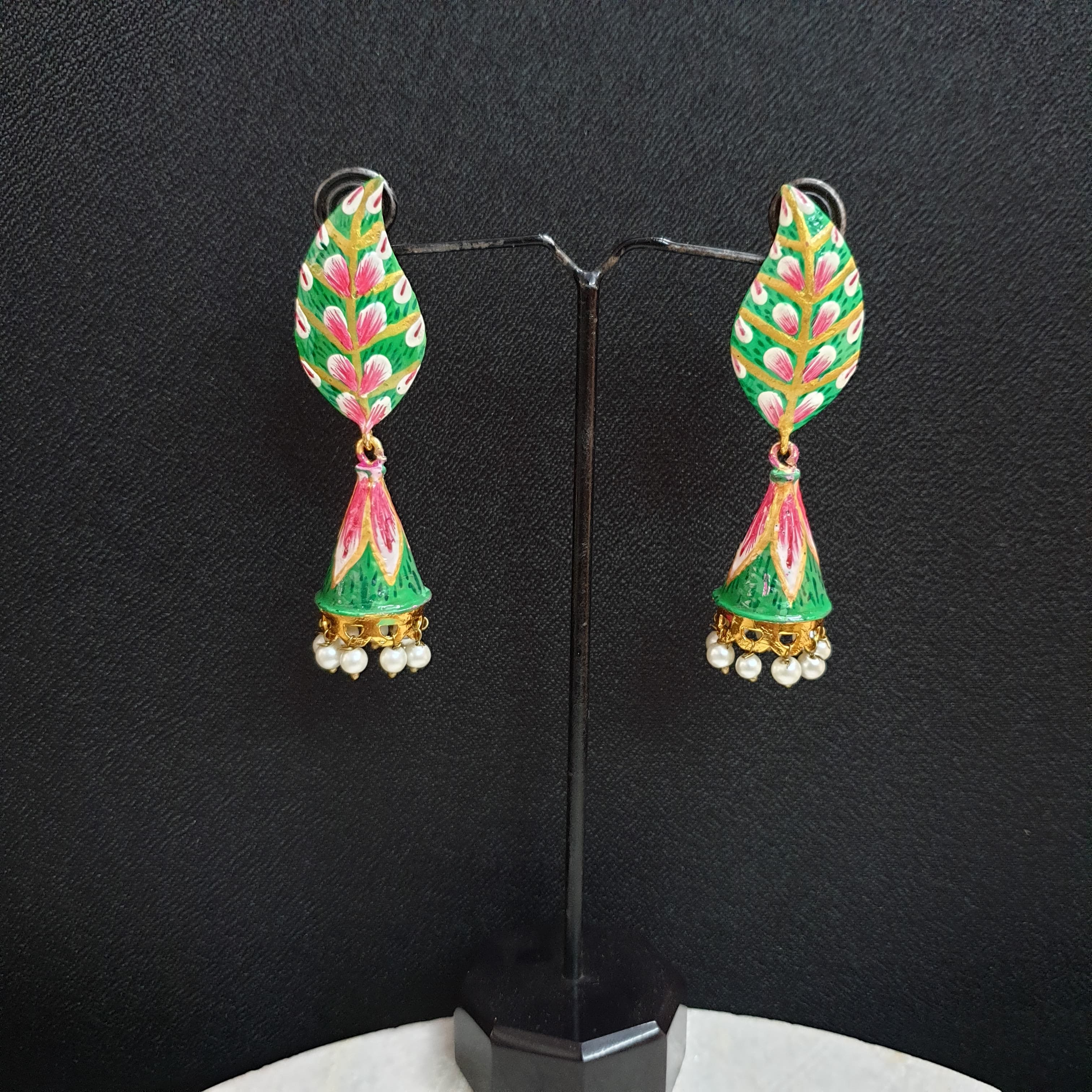 Green Pink Handpainted Jhumki Earrings