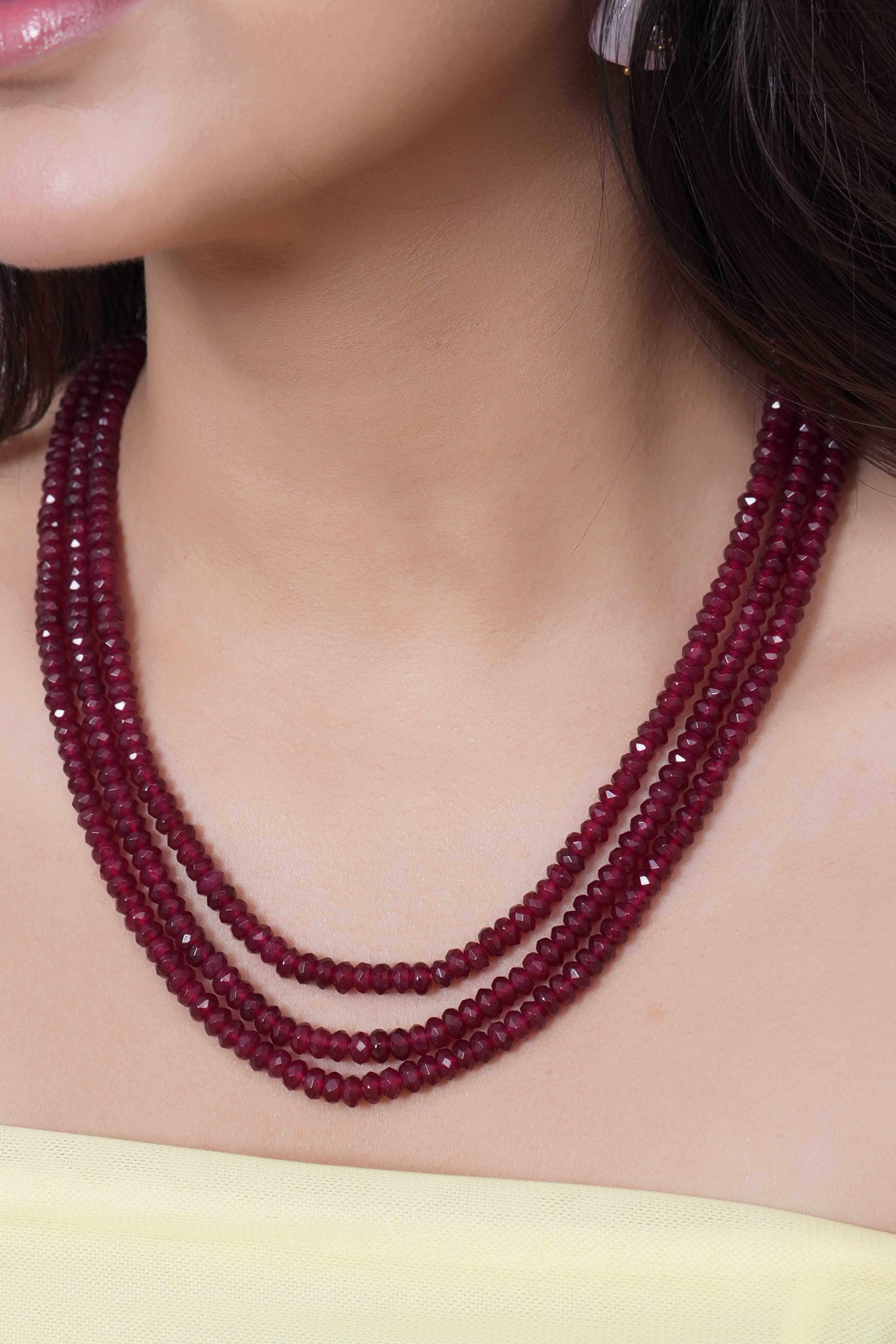 Three Layered Ruby Red Faceted Stone Beads Necklace With Earrings