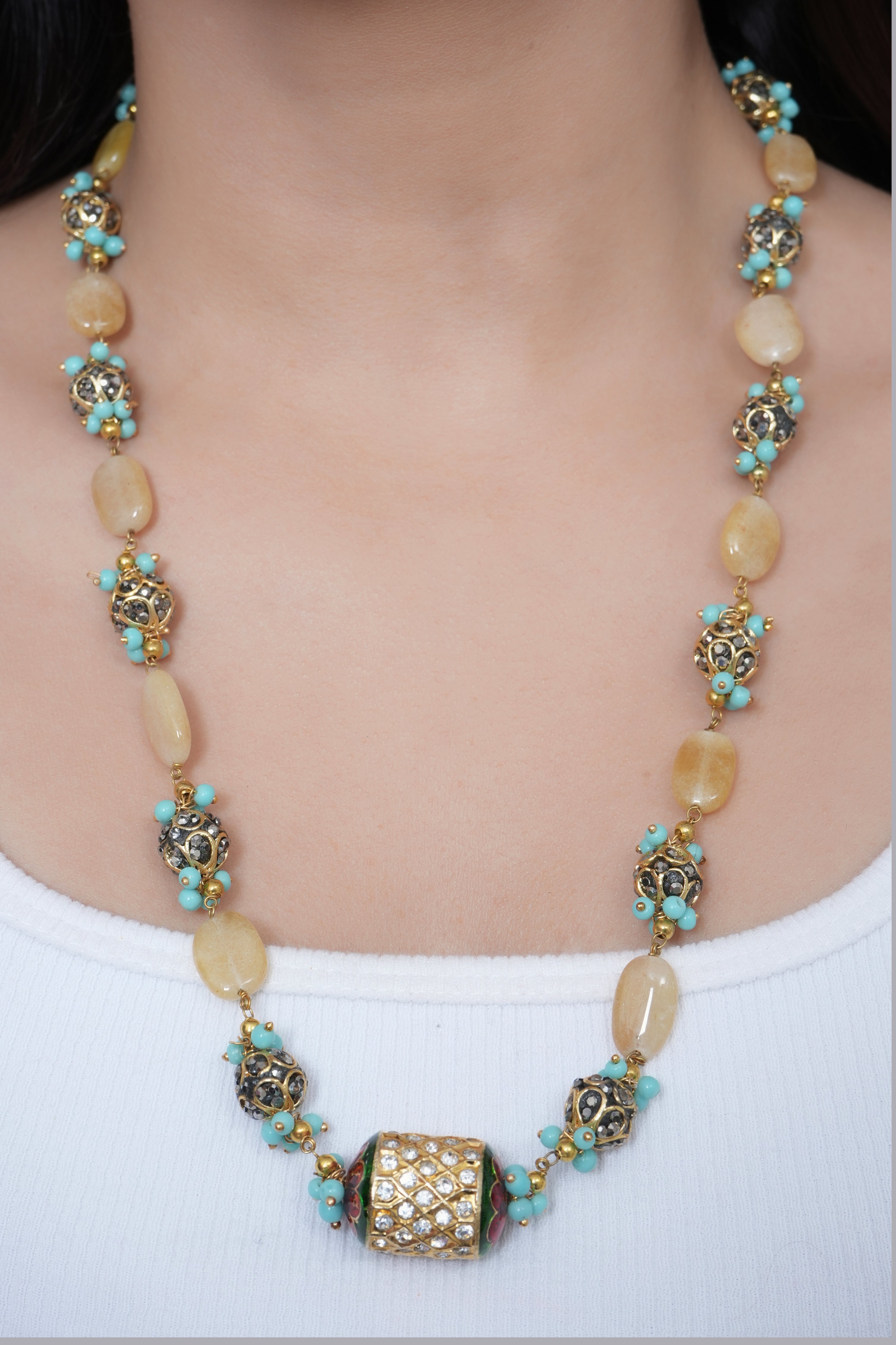 Yellow and Turquoise Antique Bead Necklace