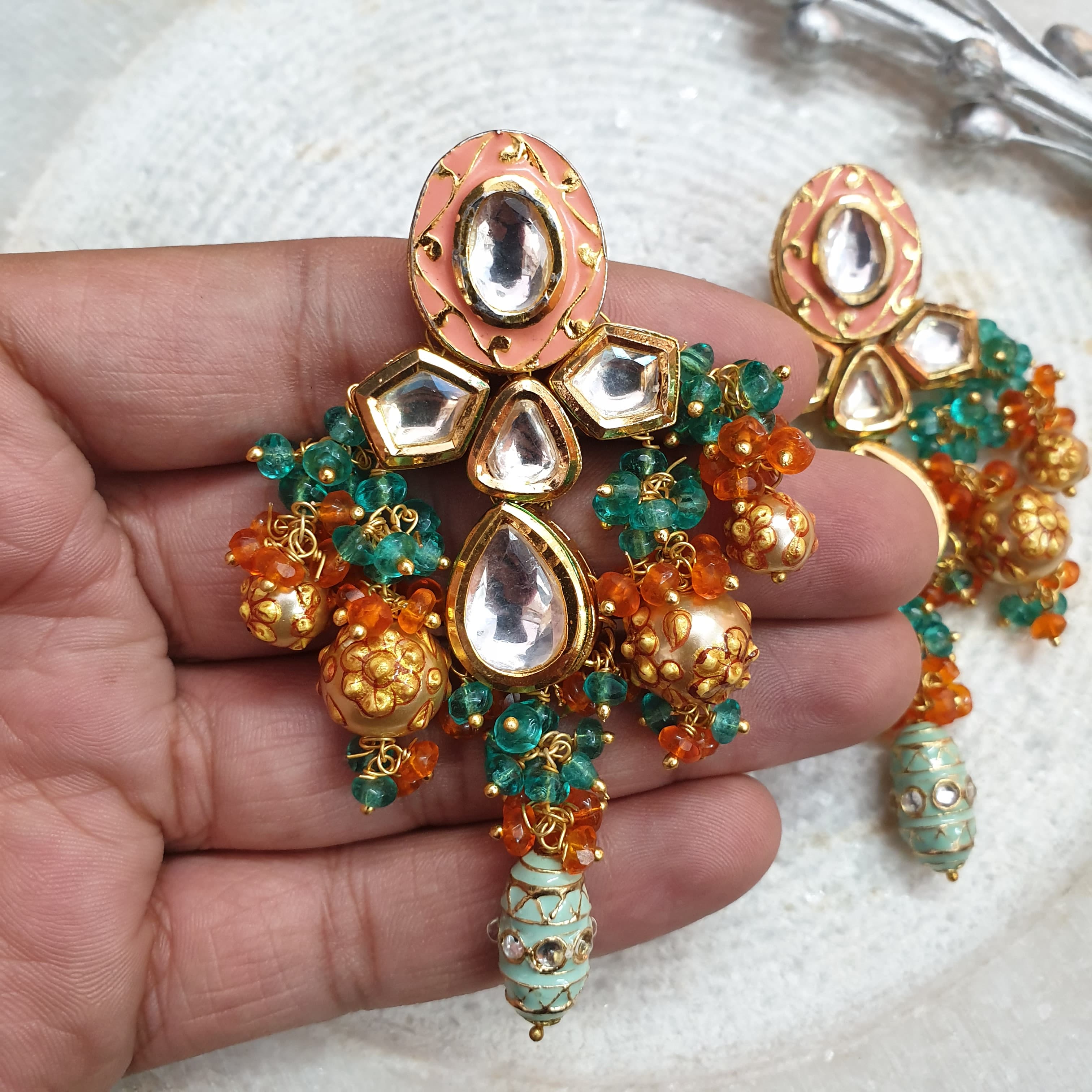 Designer Turquoise Stone Kundan & Meenakari Earrings
