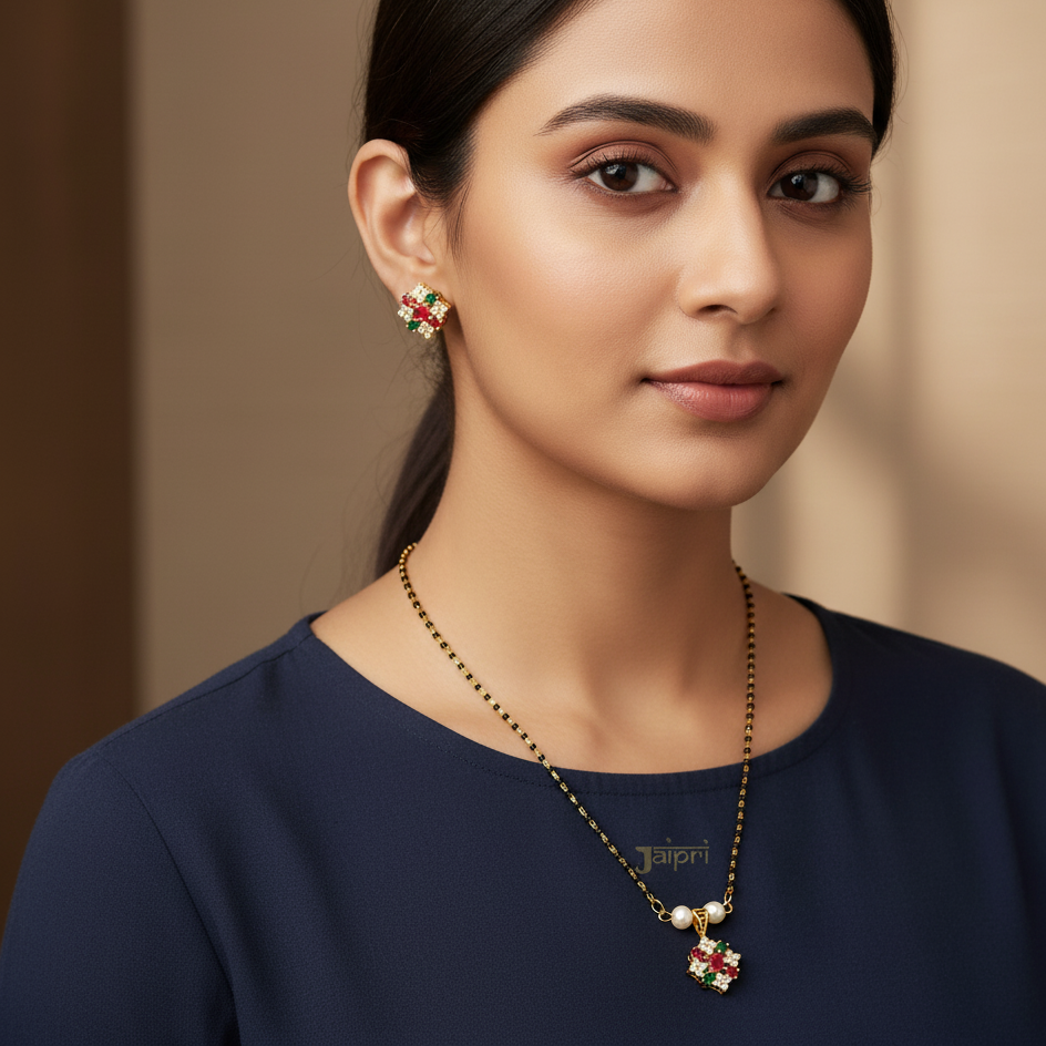 Green Ruby Stone Floral Mangalsutra With Earrings