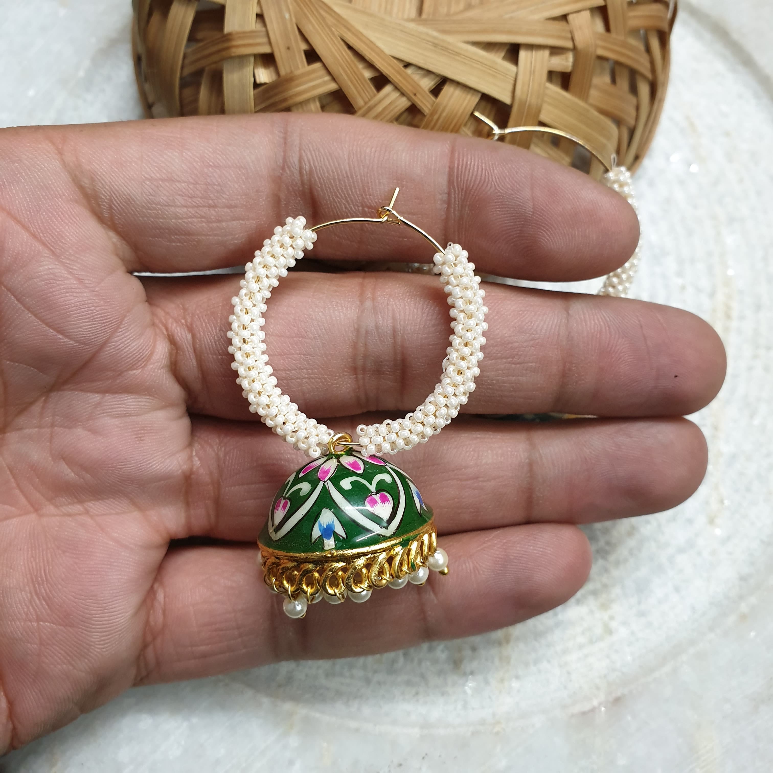 Green Handpainted Jhumki Hoop Earrings