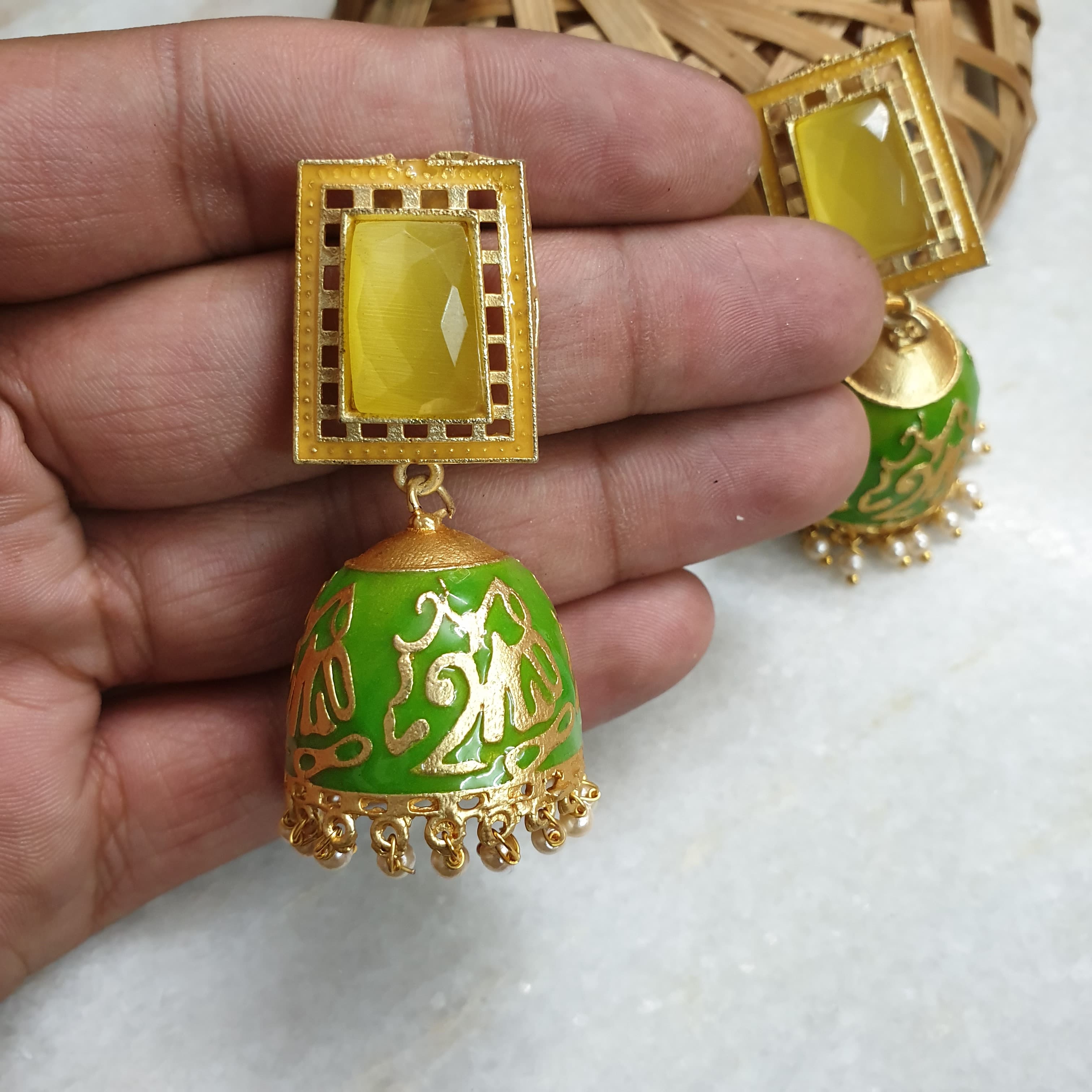 Light Weight Yellow Green Meenakari Jhumki Earrings