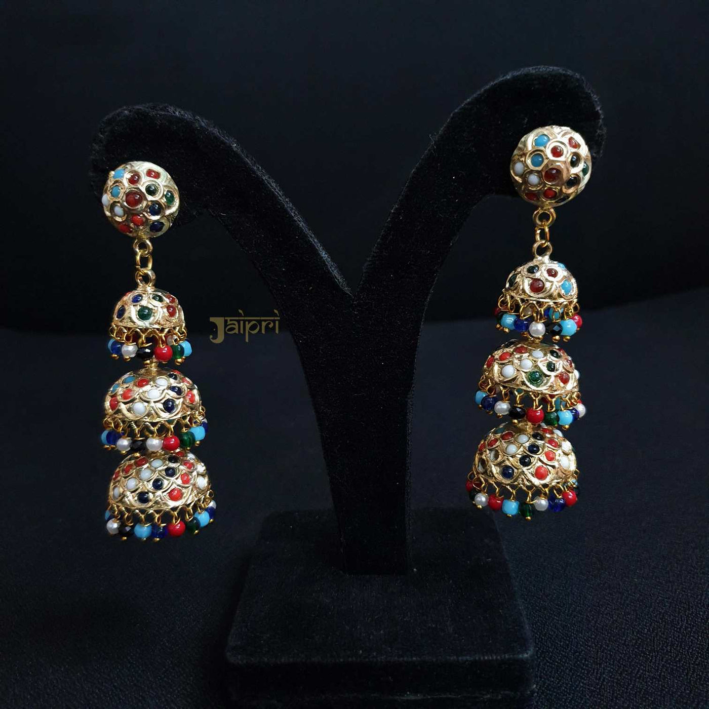 Three Layers Jhumki Multi Stone Earrings