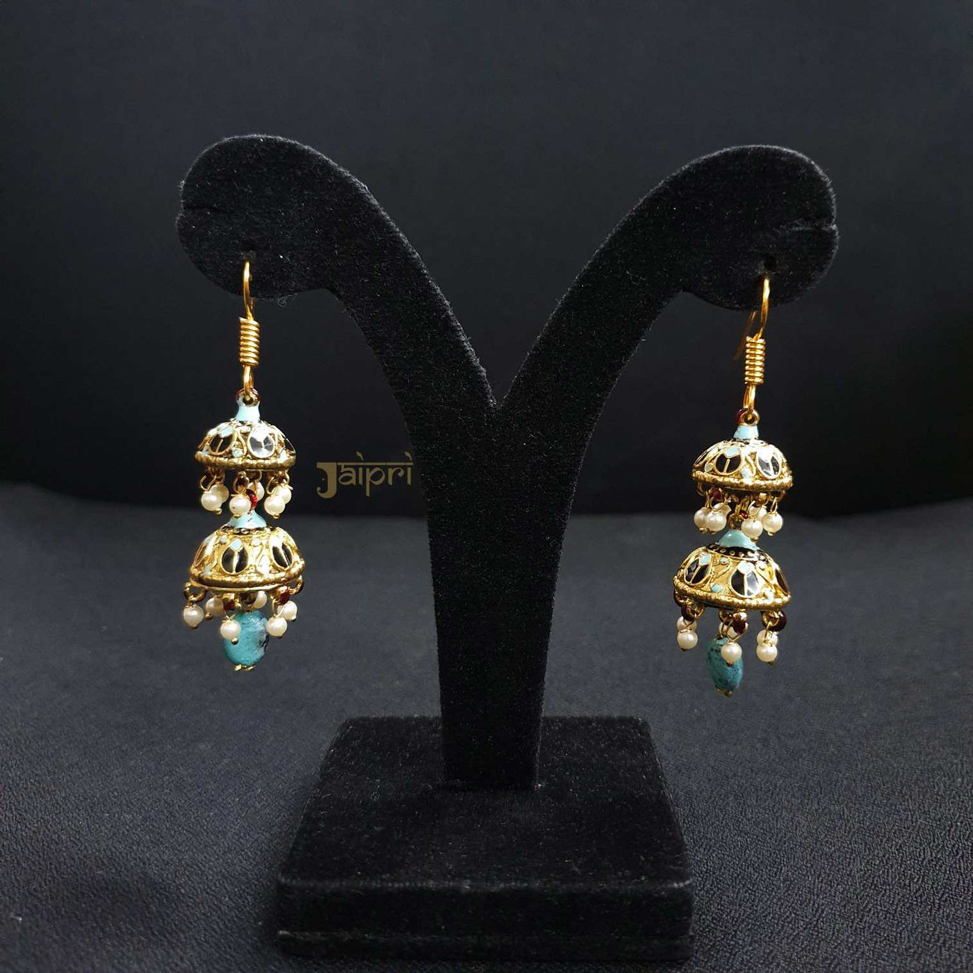 Turquoise Stone & Double Layer Jhumki Meenakari Hoops Earrings