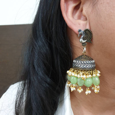 Adorable Peacock Design & Light Green Stone Stud Jhumki