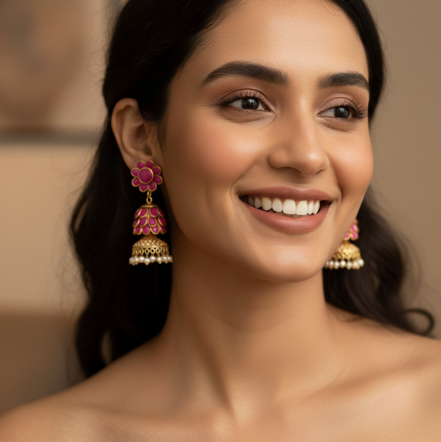 Pink Floral Golden Jhumka Earrings