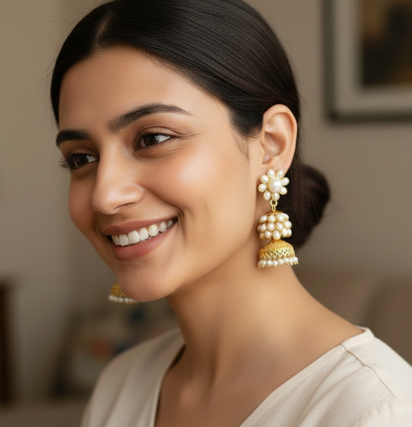 Pearl Floral Golden Jhumka Earrings