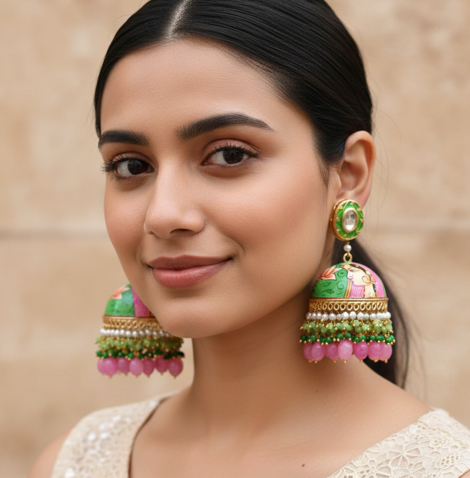 Pink Green Hand Painted Kundan Jhumka Earrings