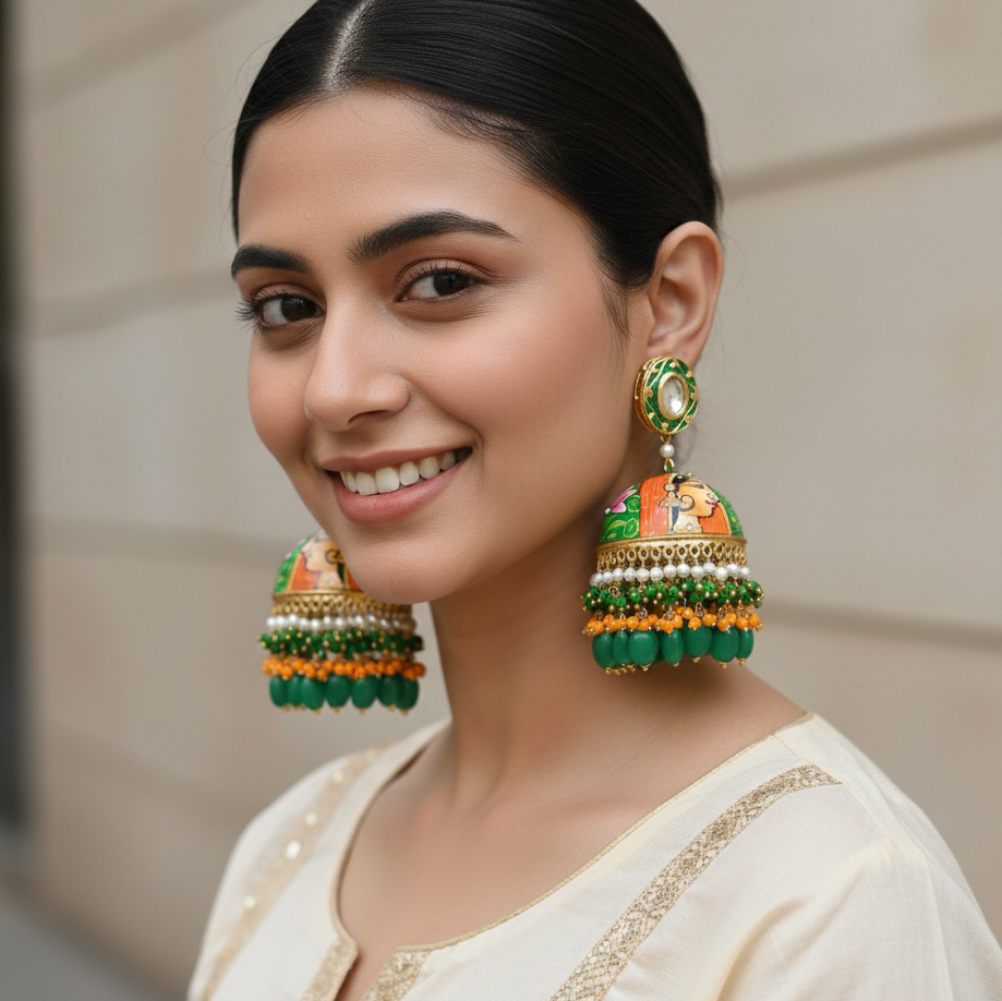 Green Orange Hand Painted Kundan Jhumka Earrings