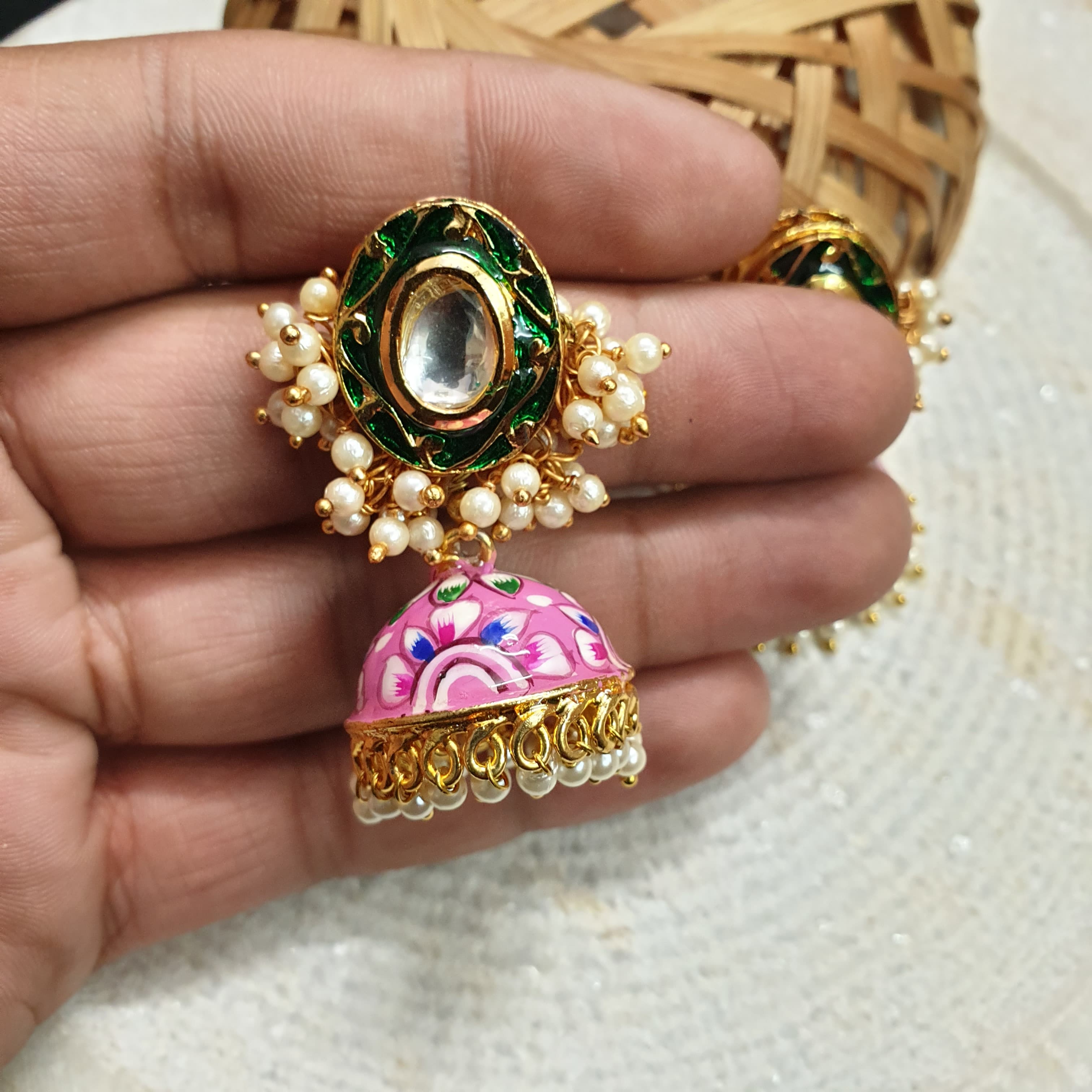 Pink Green Handpainted Jhumki Kundan Earrings