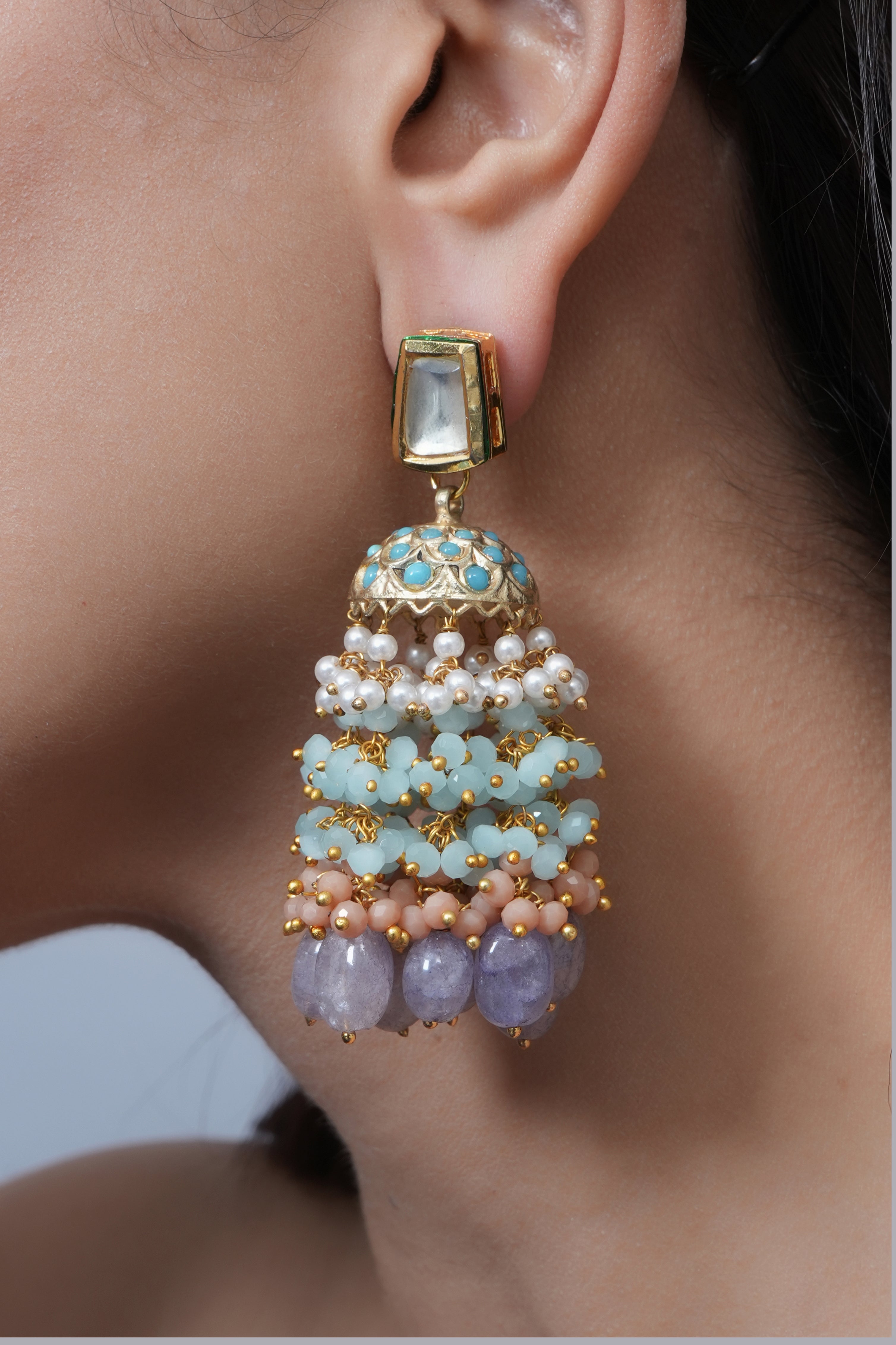 Kundan Jadau Turquoise Peach Beaded Jhumki