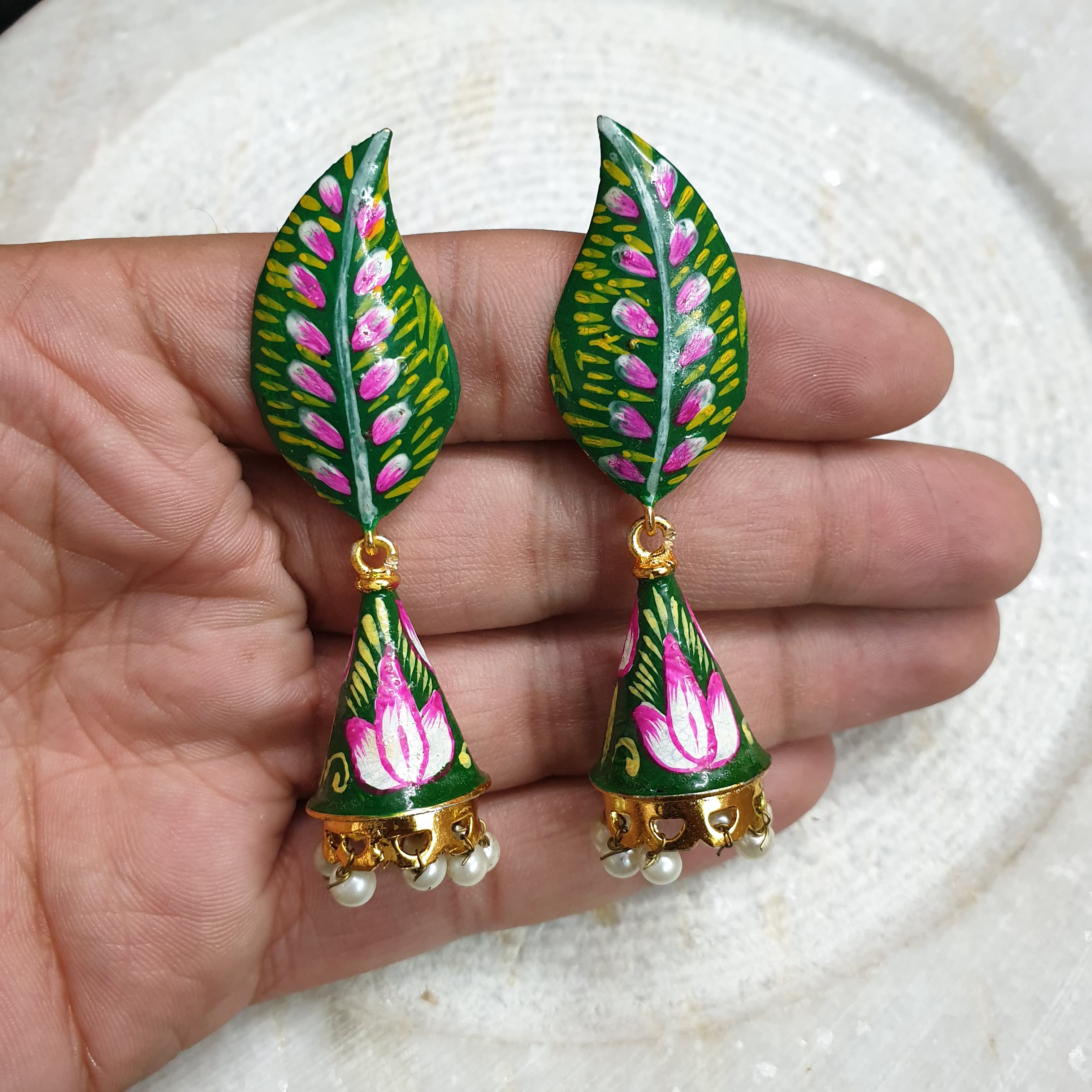 Green Handpainted Jhumki Earrings