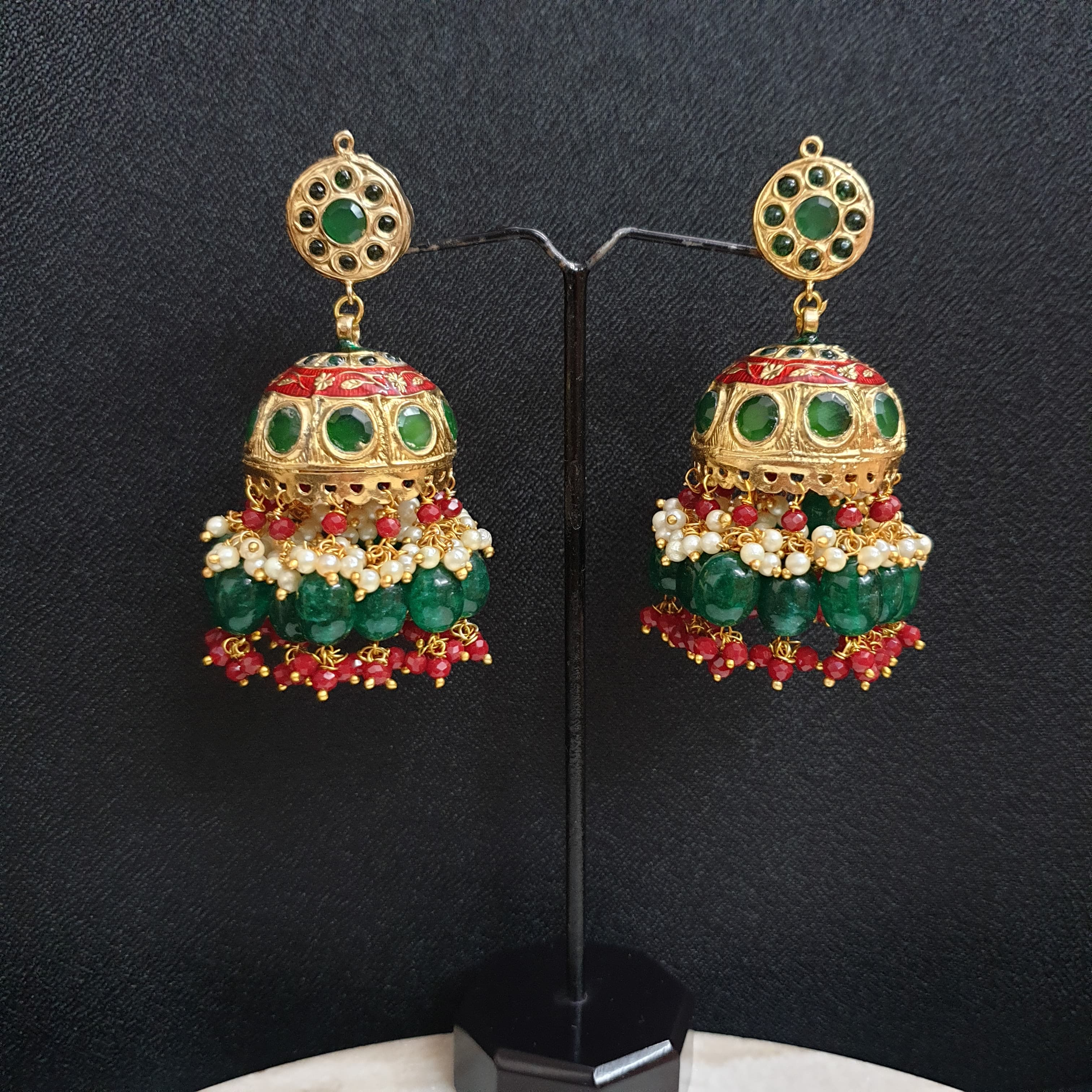 Green Stone Jadau Jhumki Stone Beaded Earrings