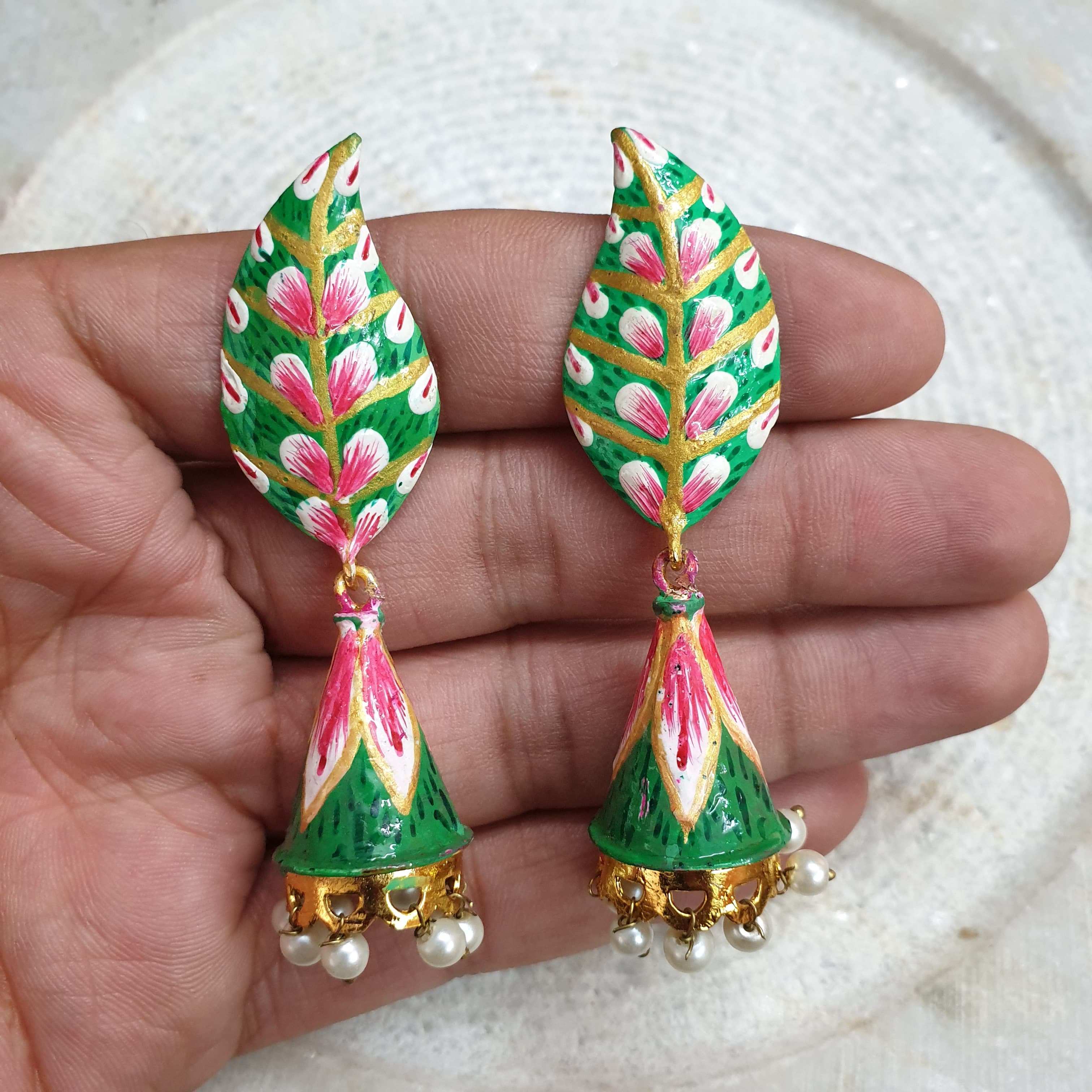 Green Pink Handpainted Jhumki Earrings