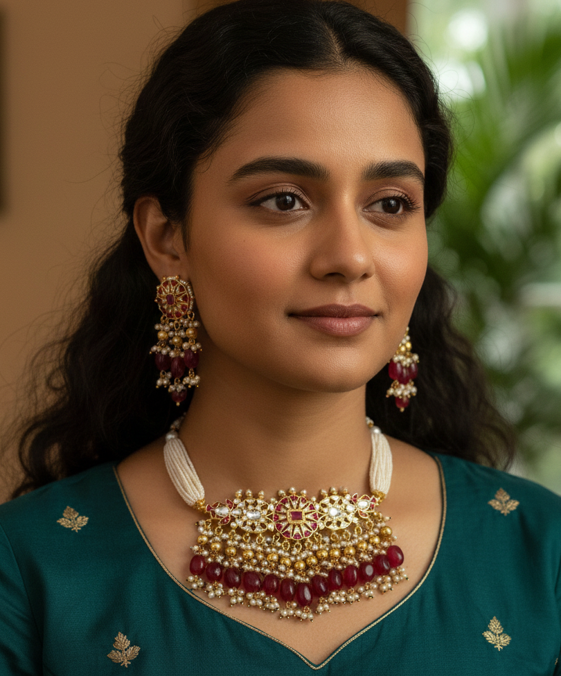 Ruby & Pearl Beads Stone Floral Kundan Choker Necklace With Earrings
