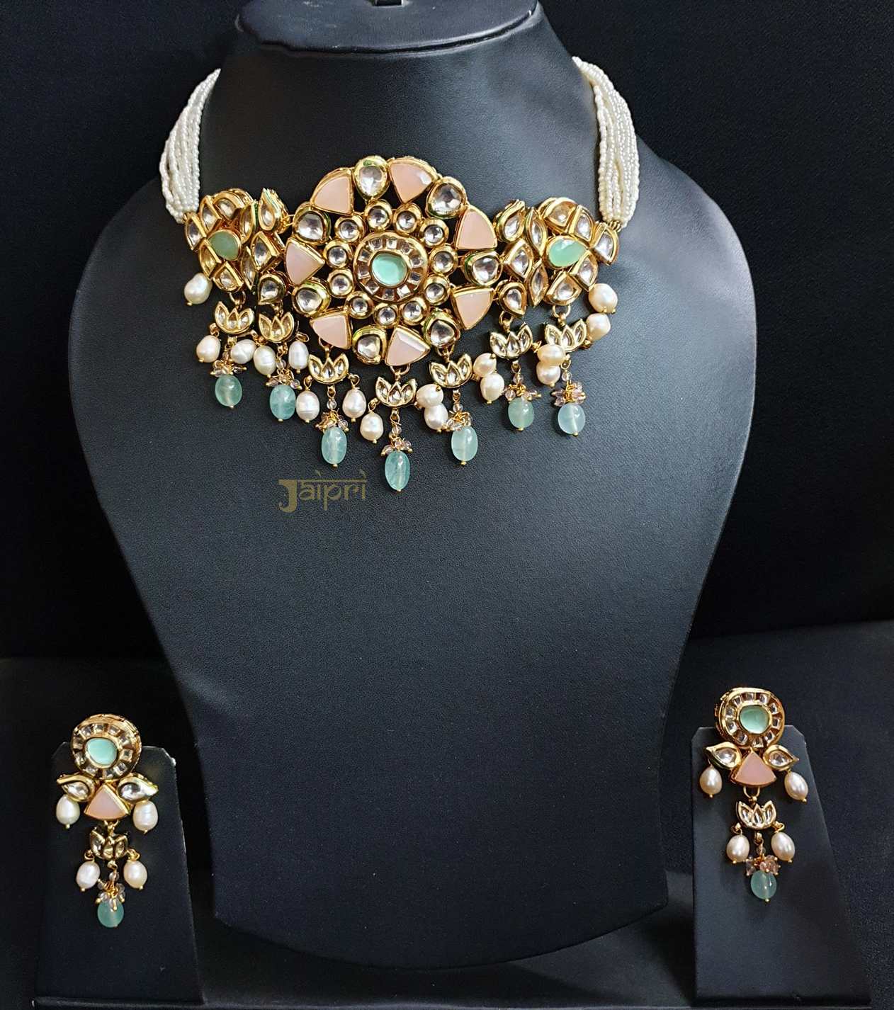 Floral Pearl Beads & Aqua Stone Kundan Choker With Earrings