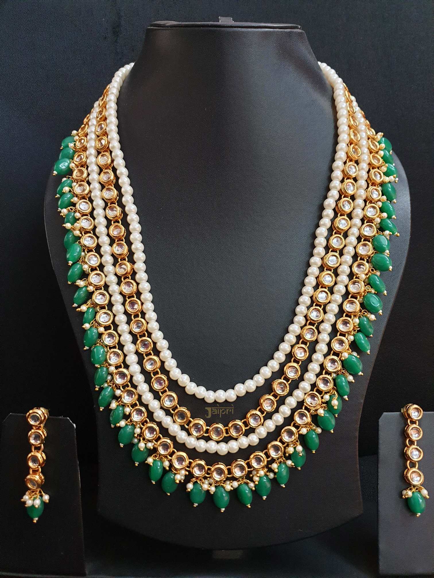 Kundan & Pearl With Green Beads Stone Long Necklace With Earrings