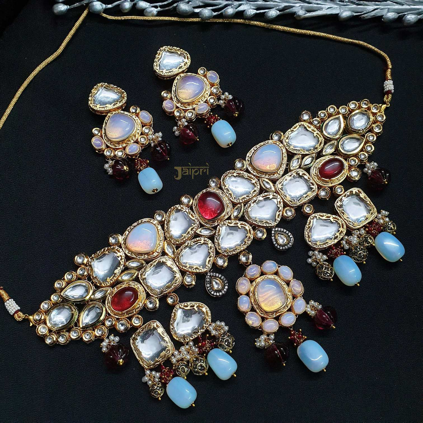 Aqua Beads Stone Kundan-Jadau Designer Choker With Earrings