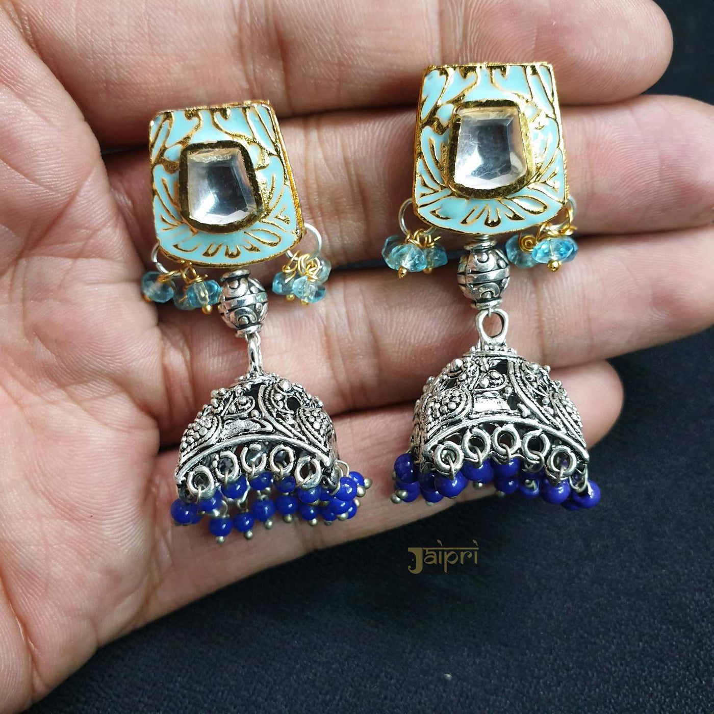 Adorable Turquoise Kundan& Meenakari Jhumki Earrings