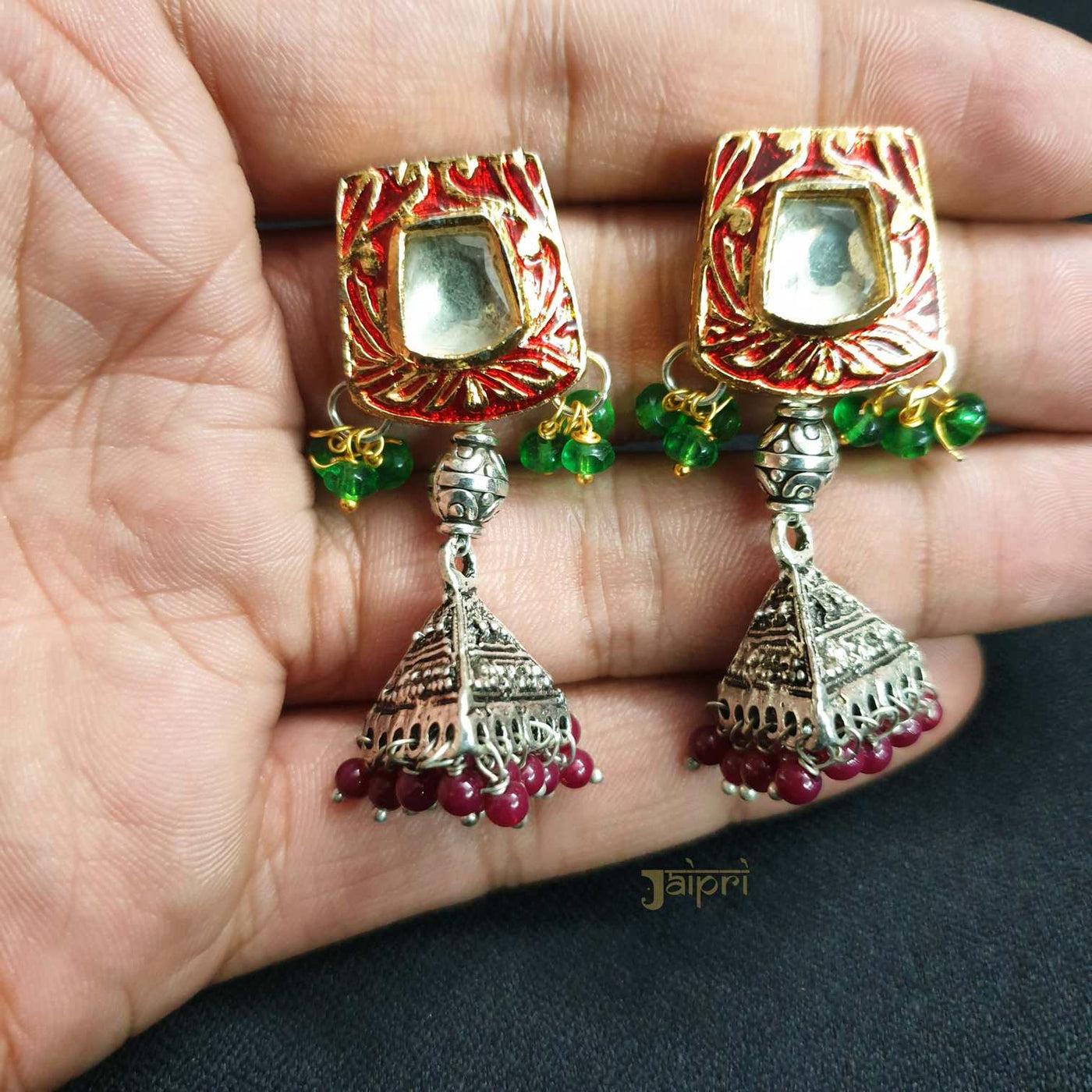 Red & Green Kundan& Meenakari Jhumki Earrings