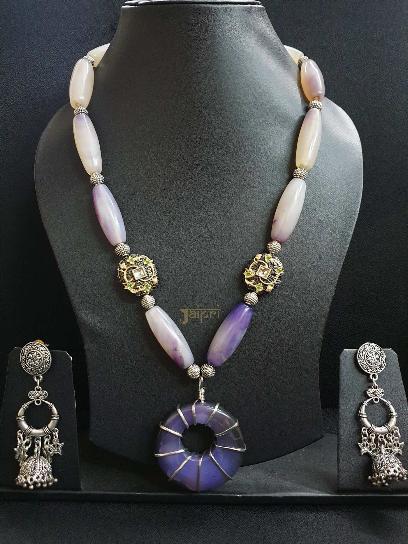 Designer Blue Stone, Oxidized Necklace With Jhumki Earrings