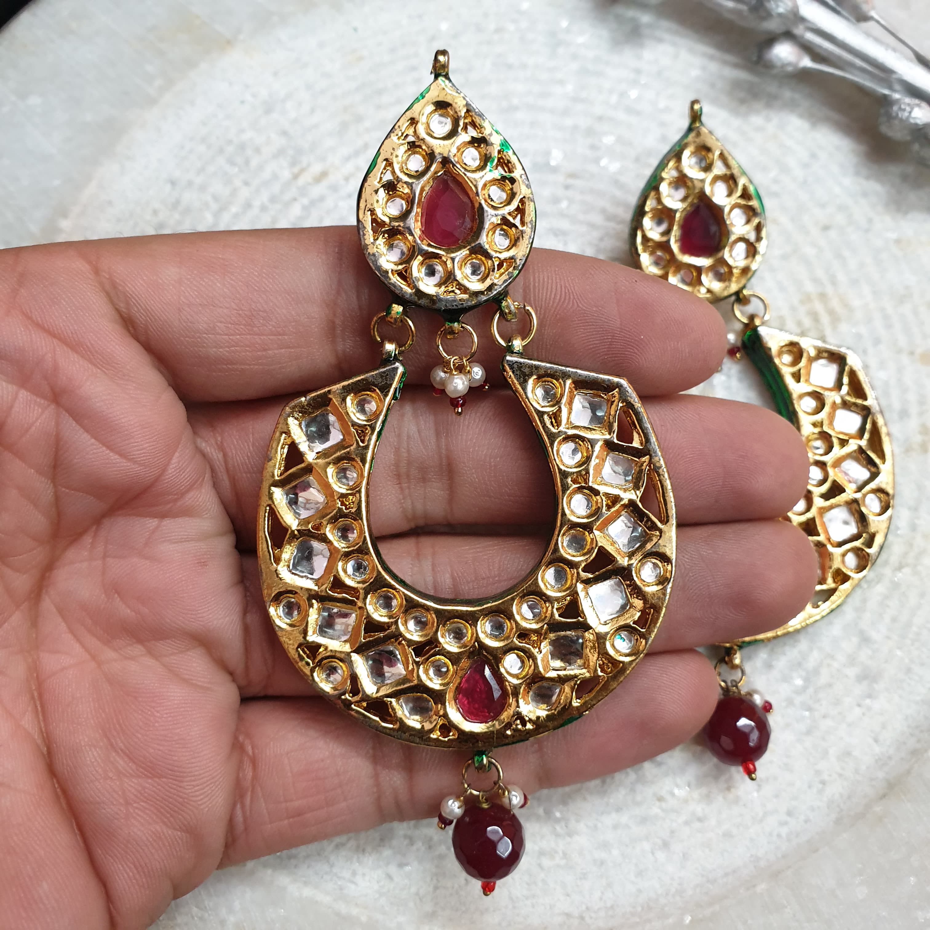 Kundan Red Stone Chandbali Earrings