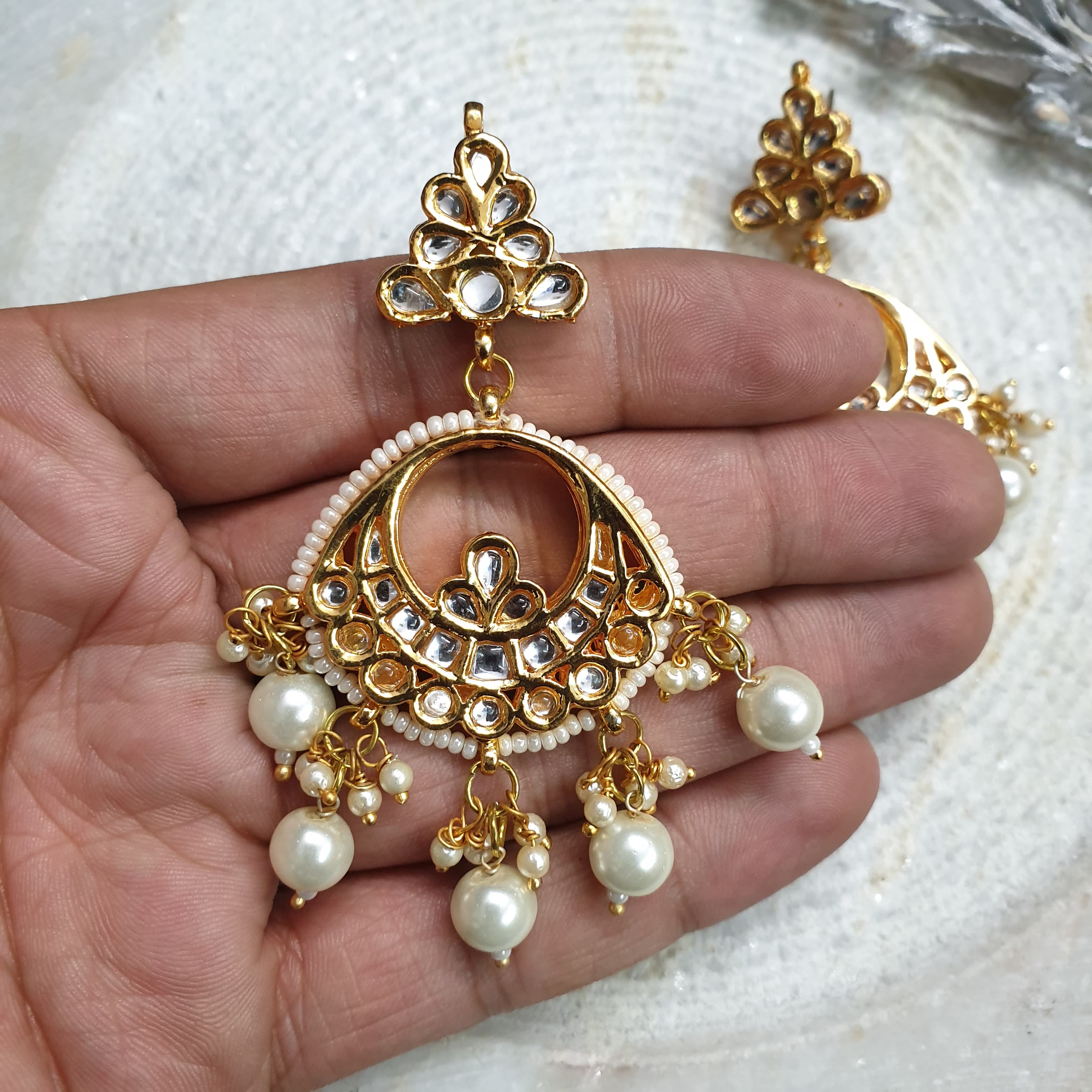 Kundan Chandbali Pearl Beaded Earrings