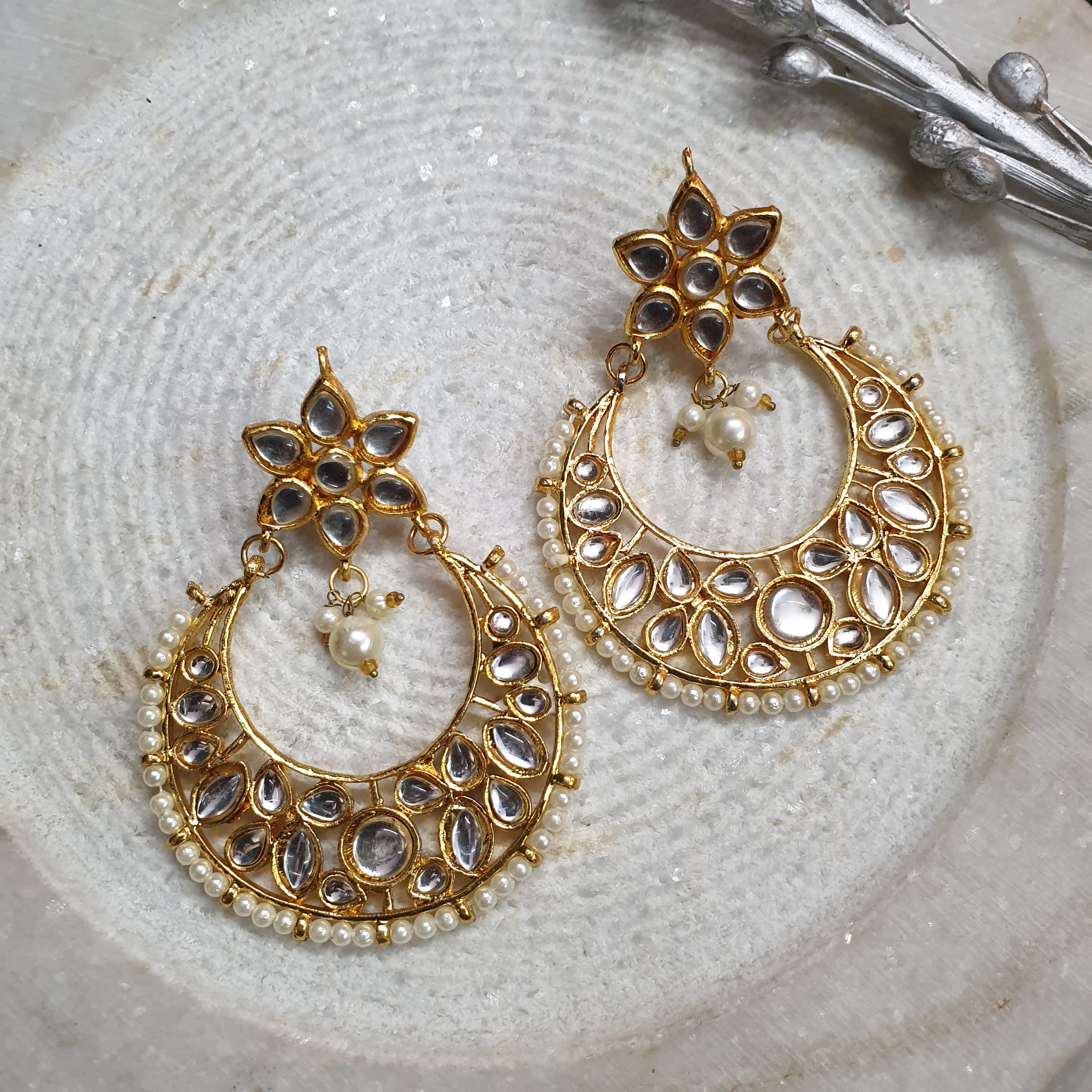 Gold Tone Kundan Stone Chandbali Earrings