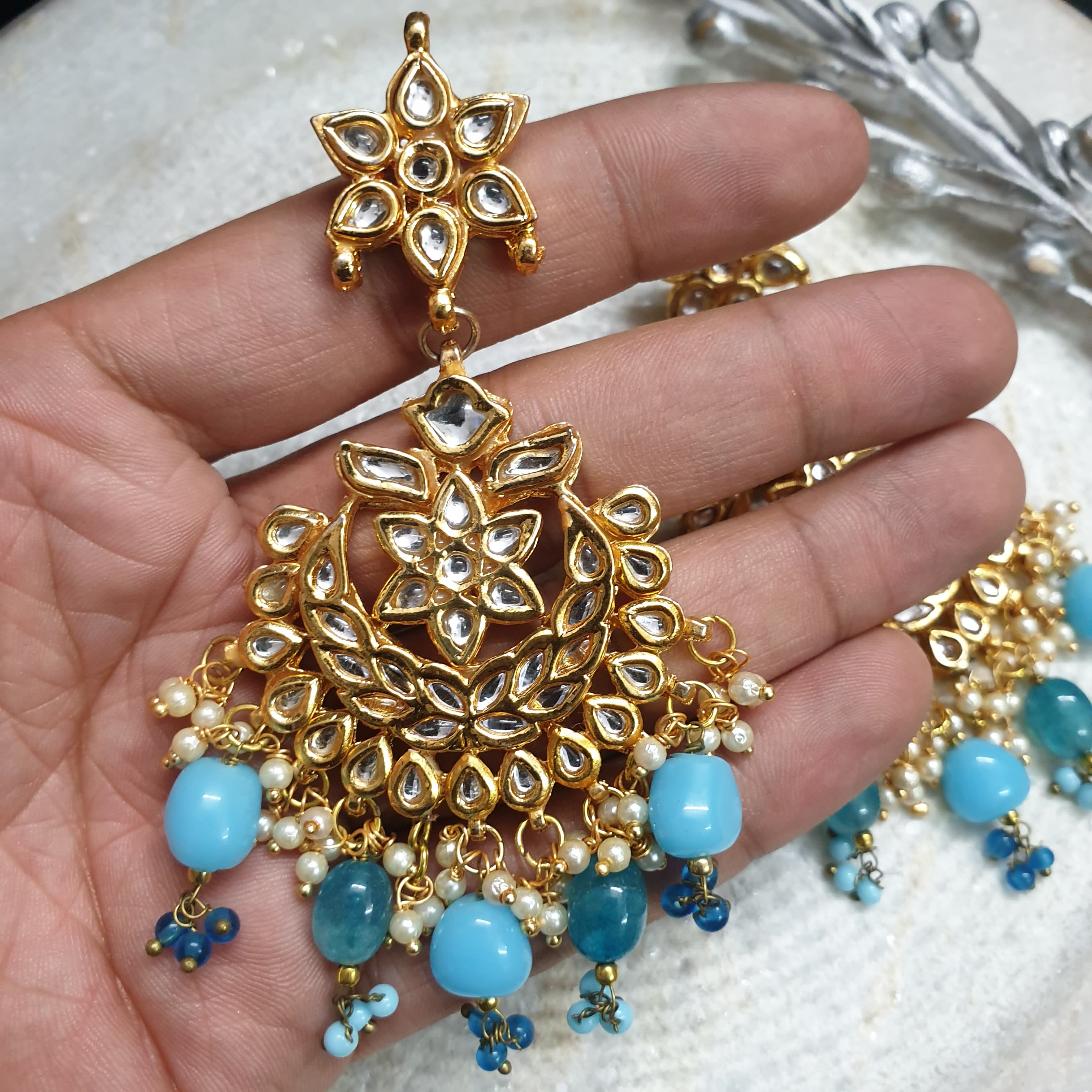 Turquoise Beading Kundan Chandbali Earrings