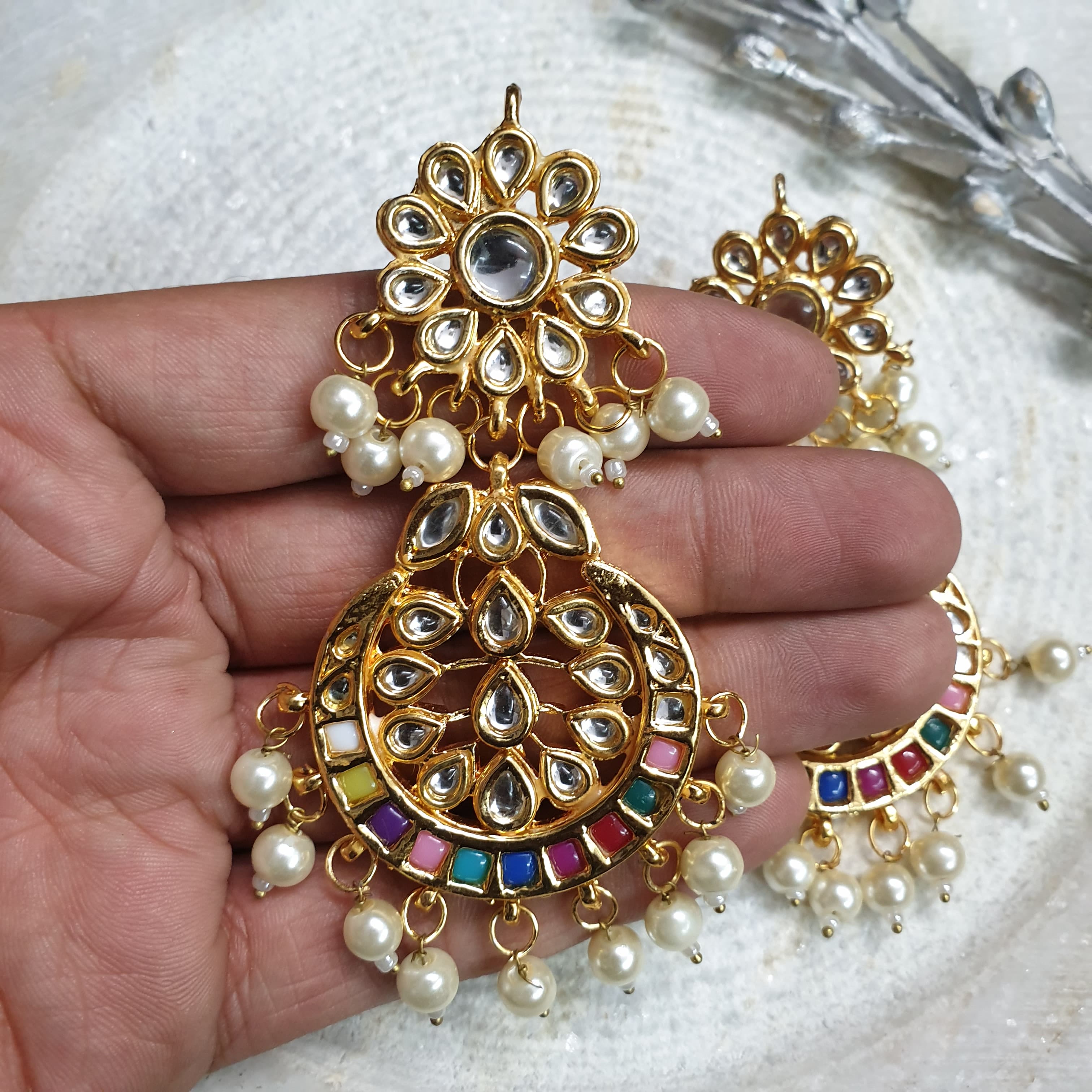 Multi Stone Kundan Chandbali Earrings