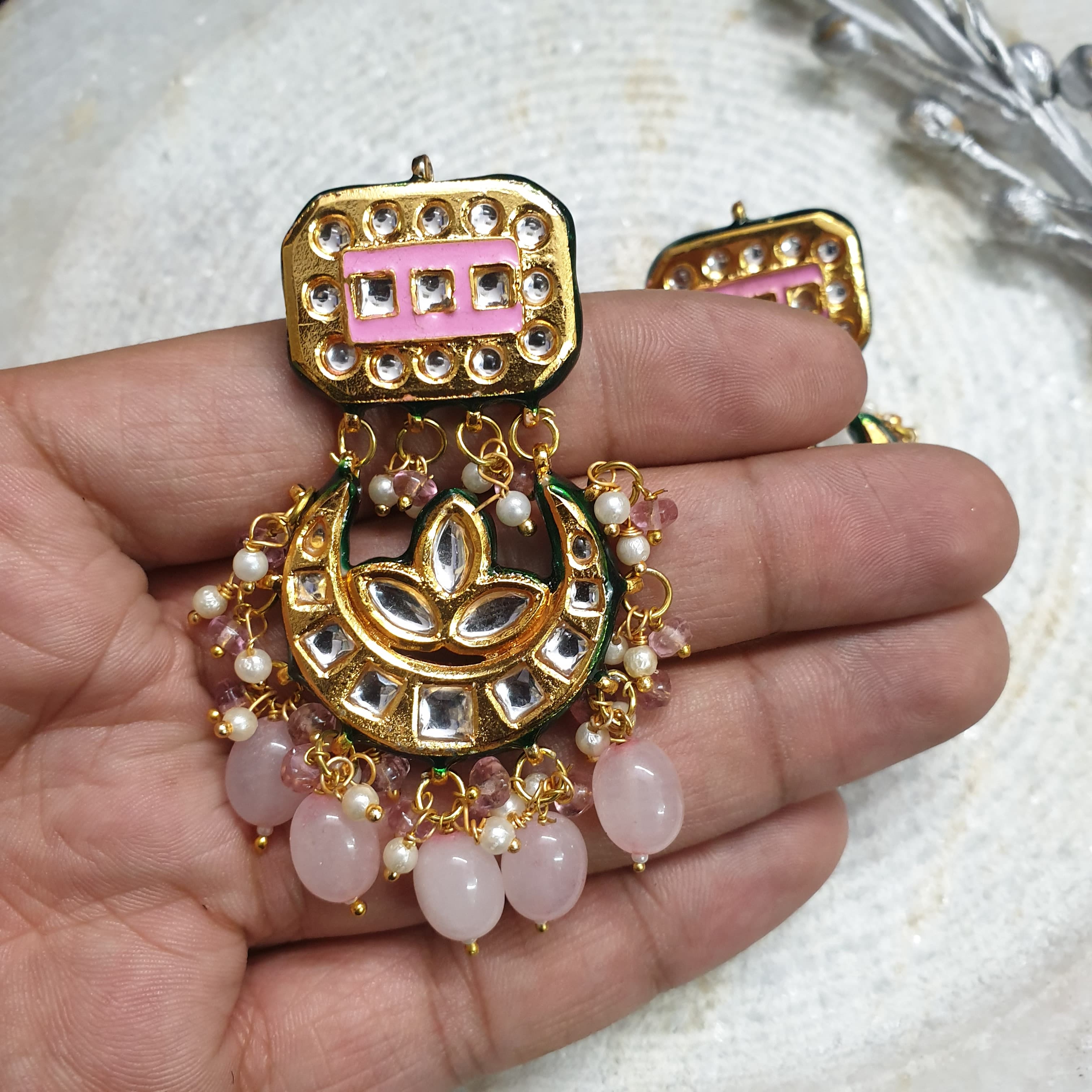 Baby Pink Kundan Meenakari Chandbali Earrings