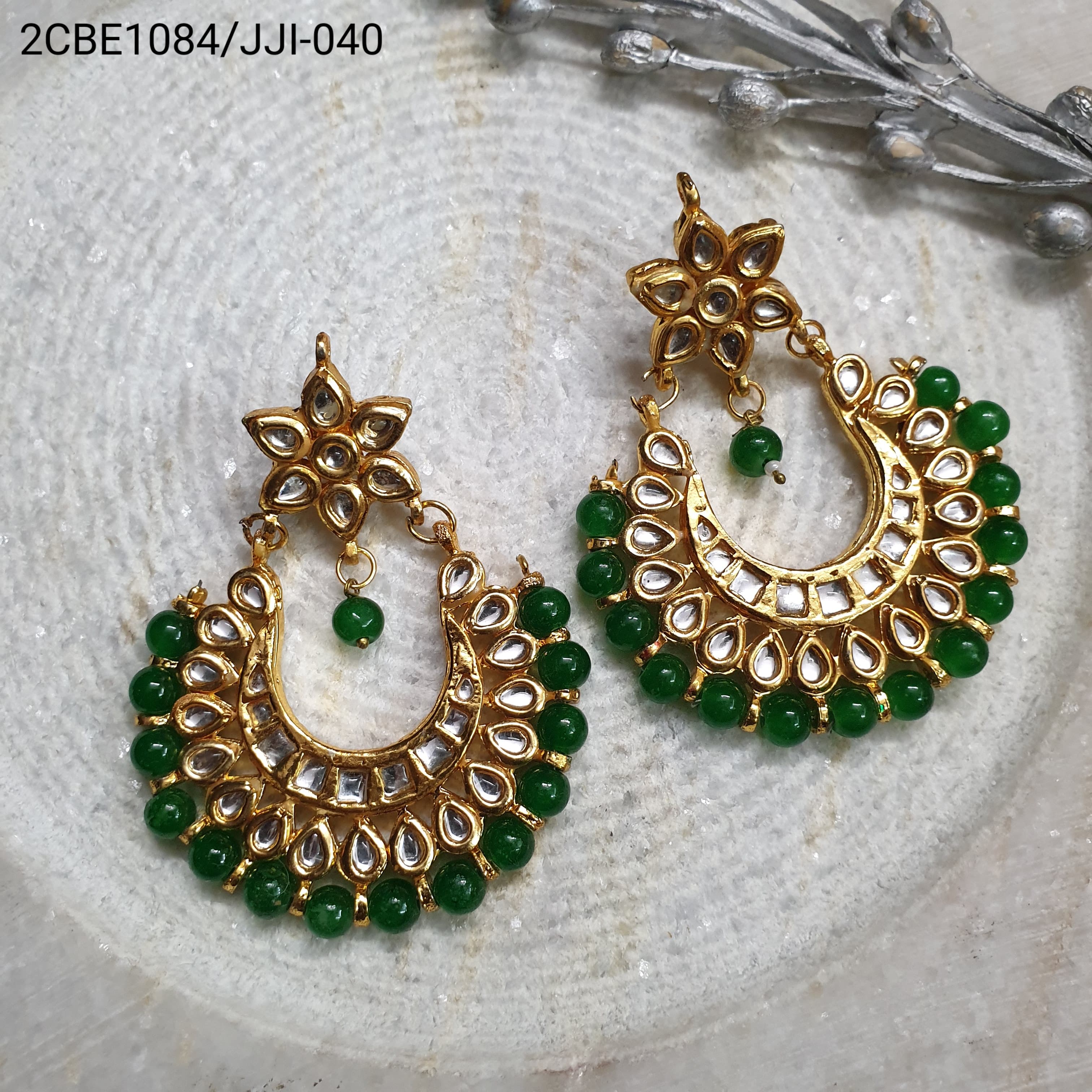 Green Beaded Kundan Chandbali Earrings