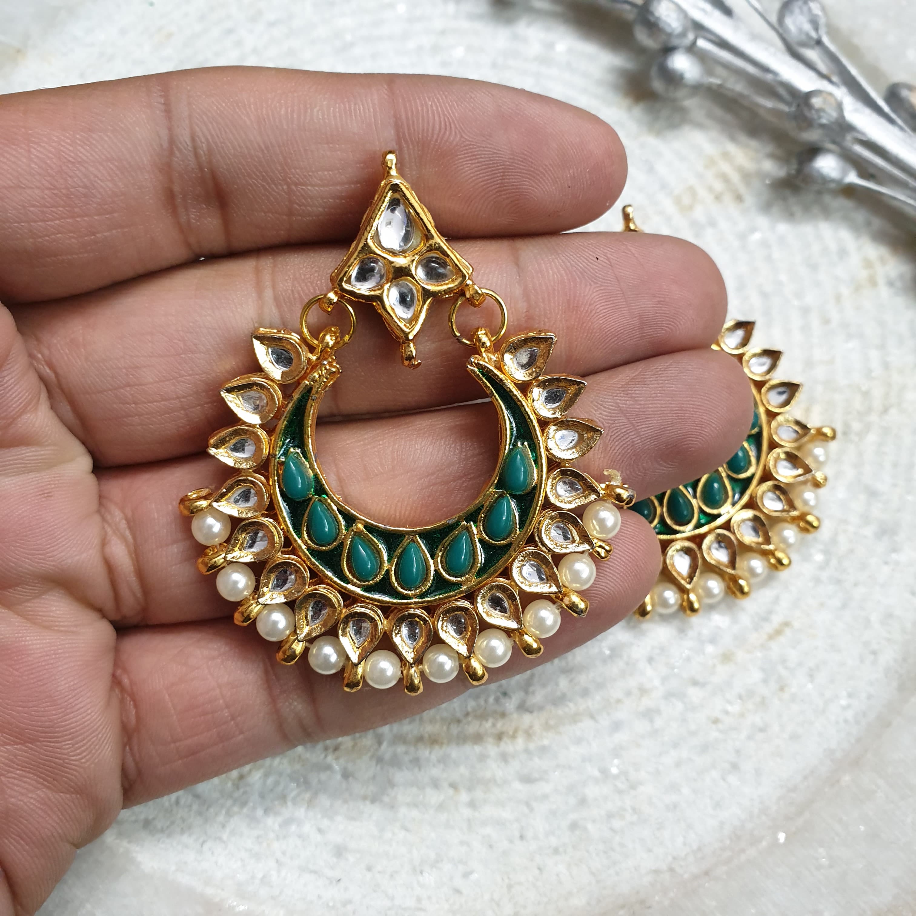 Gold Tone Green Stone Chandbali Earrings