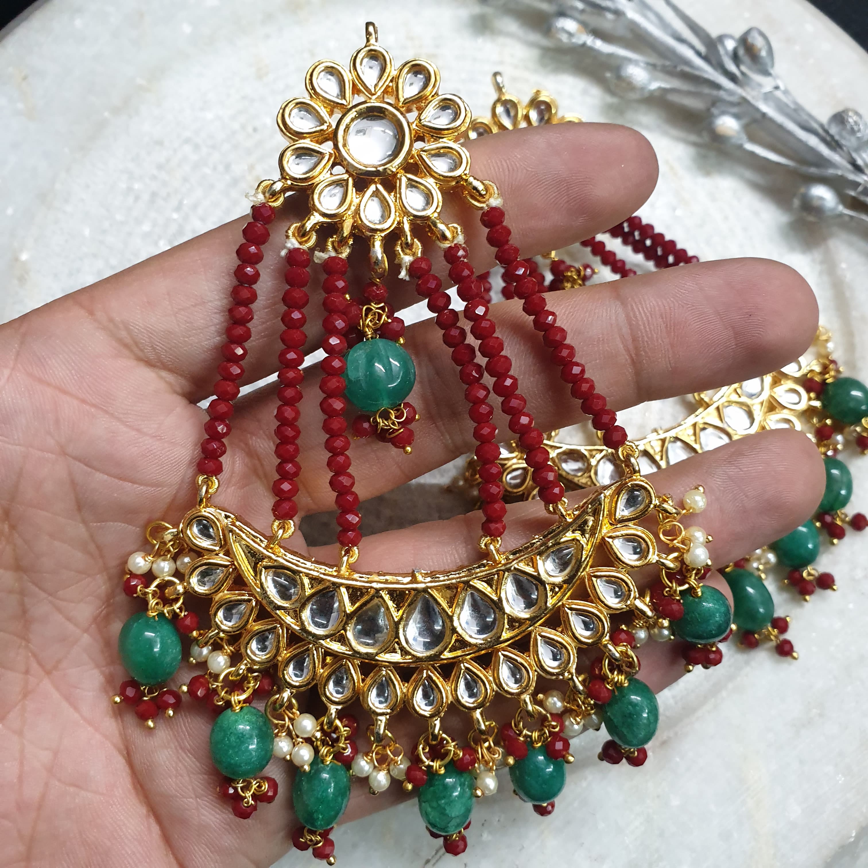 Green Red Beading Kundan Chandbali Earrings