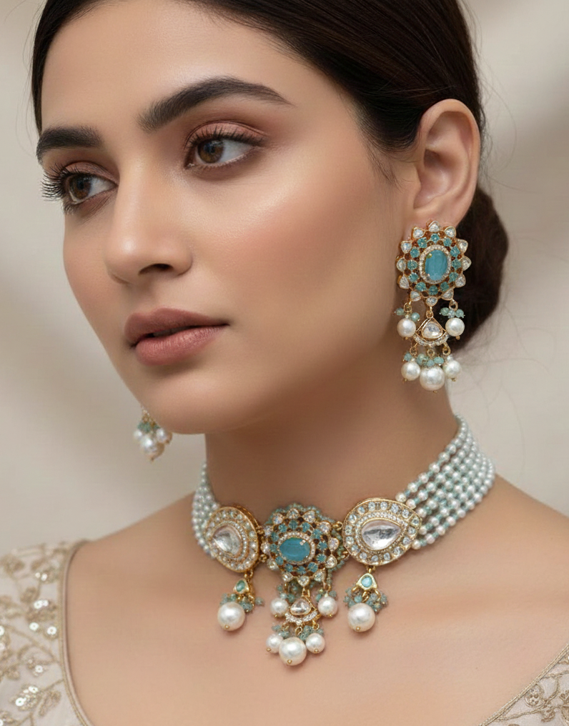 Floral Design Pearl and Aqua Stone Necklace With Earrings